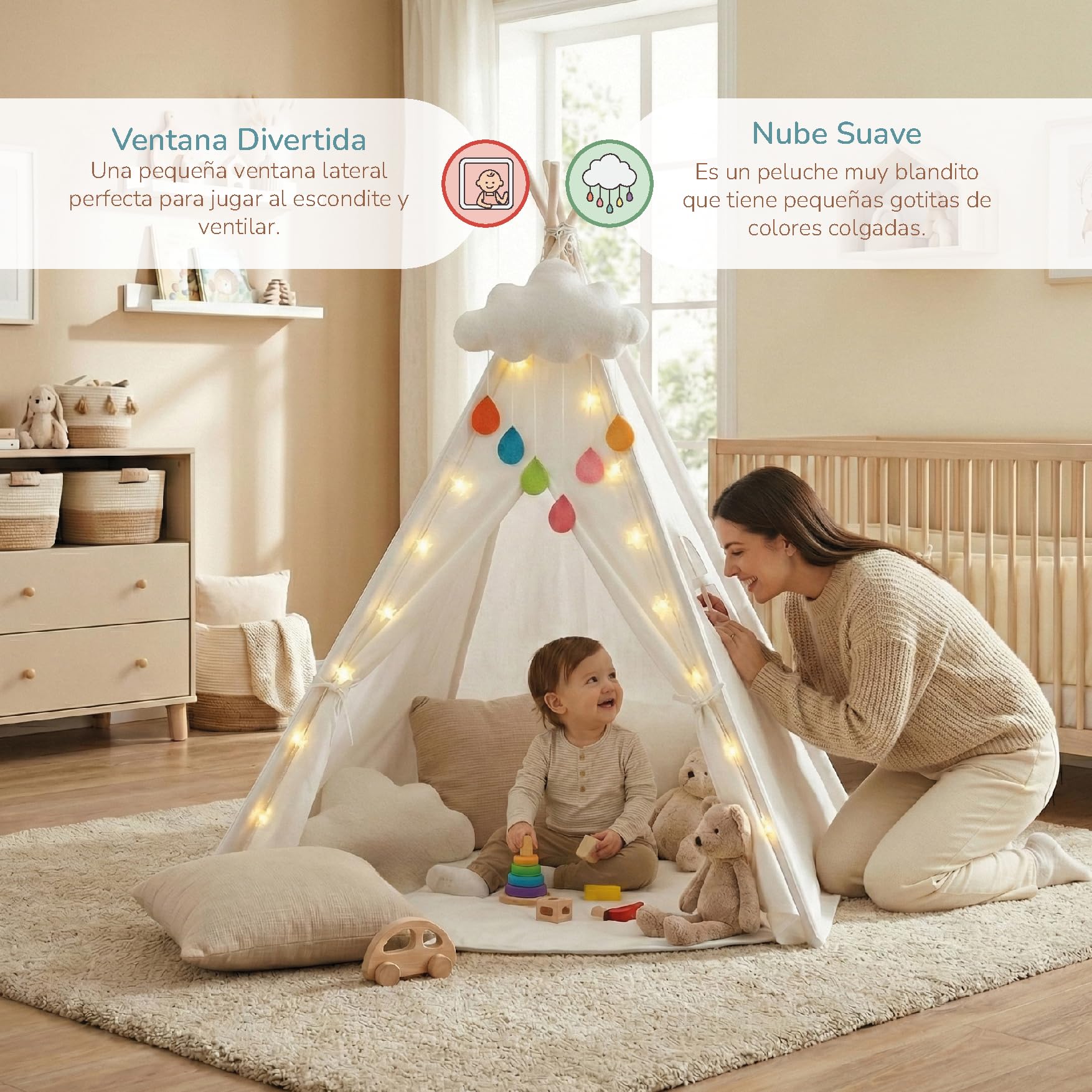 Buddy Baby Tipi - Tenda per lettino con luci a stella e peluche nuvola – Tappeto imbottito – Gioco interno esterno