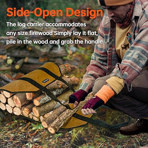 Miniatura 4 de Transportadores de leña con asas, bolsa de lona resistente para leña con asas, transportador de madera duradero para leña, adecuado para chimenea