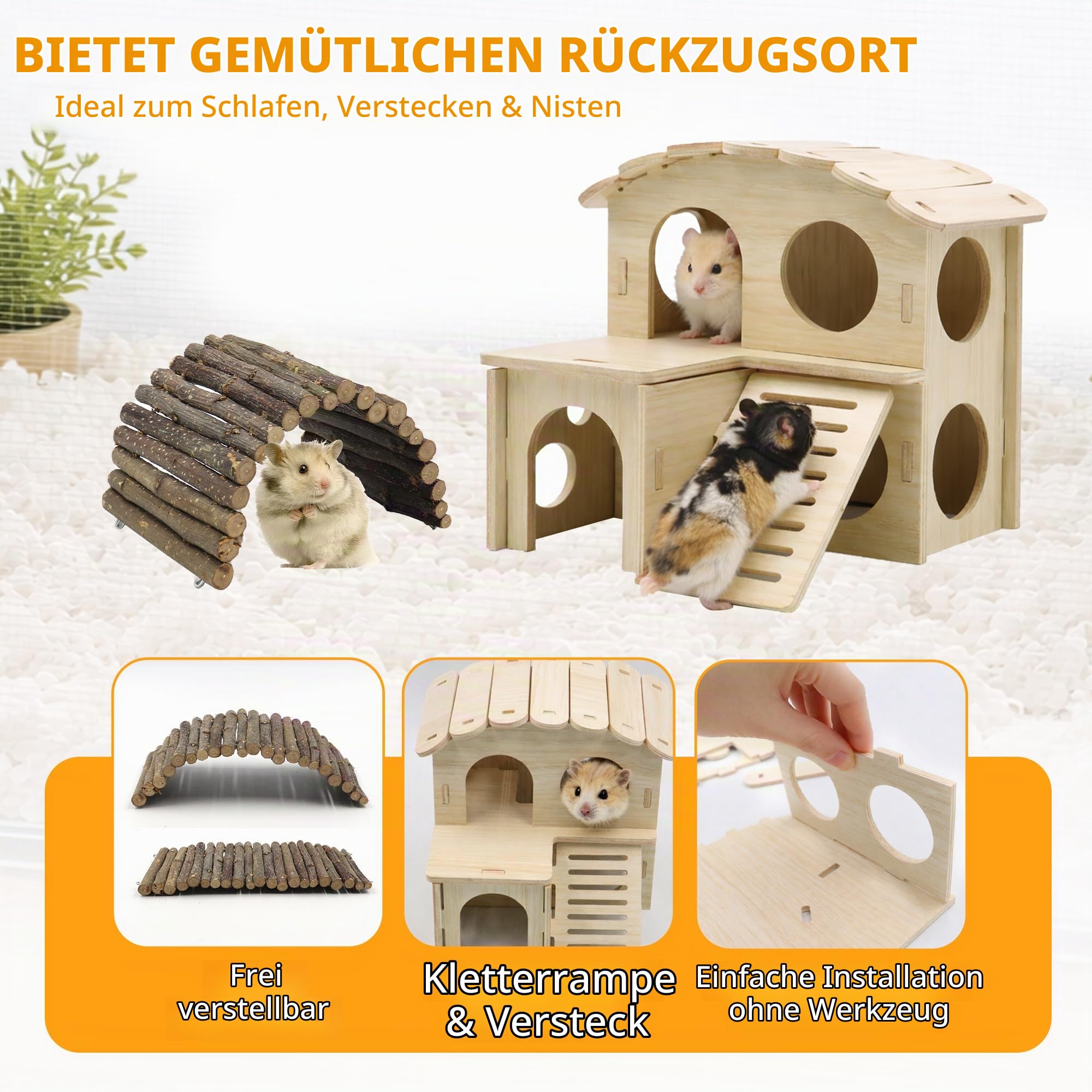 20-teiliges Hamsterkäfig-Zubehörset, 24 cm leises Hamsterrad, Kauspielzeugset, Holzhaus und Trinkflasche mit Ständer für Chinchillas, Kaninchen, Meerschweinchen, Ratten und andere Kleintiere (Gelb)