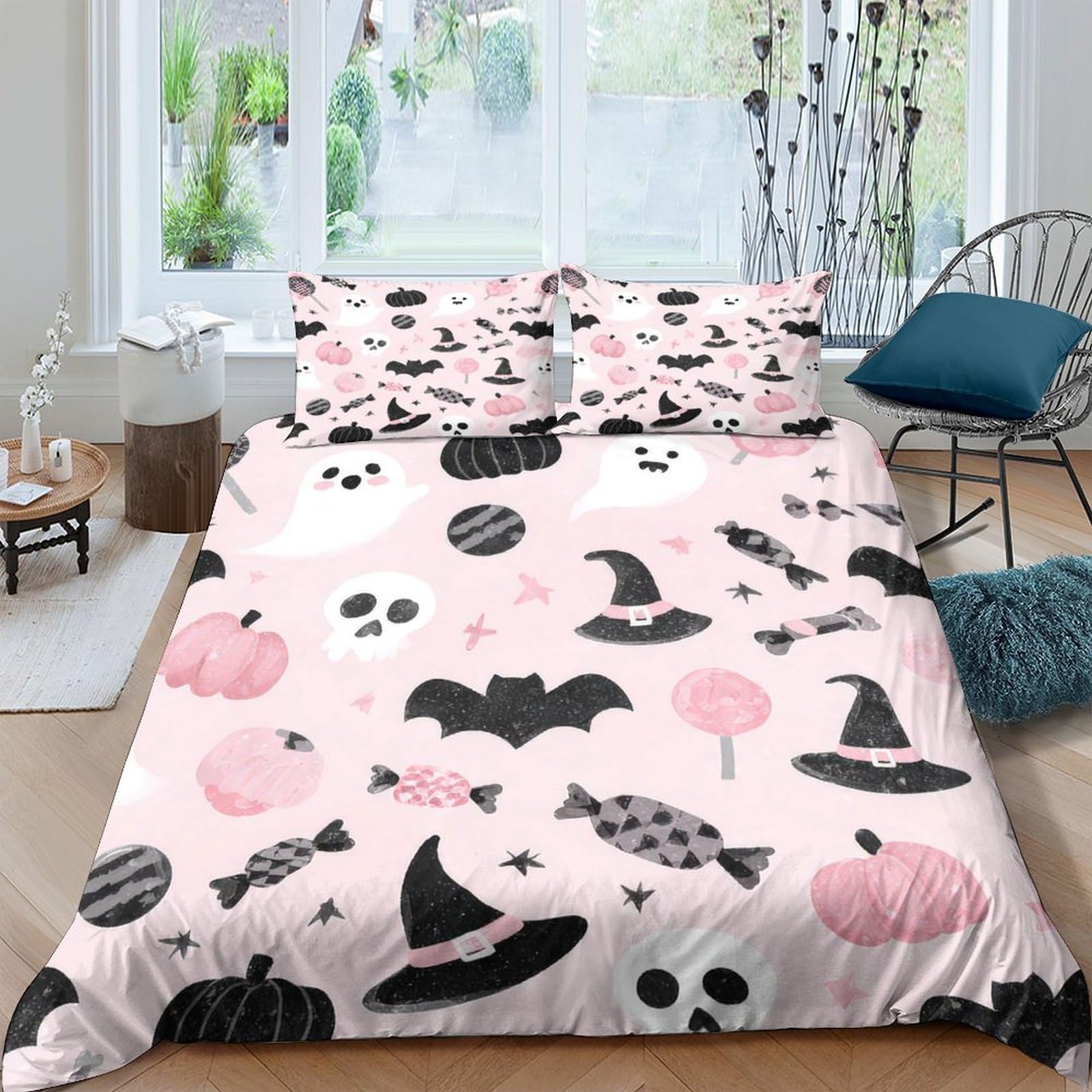 GPLZQXKJNH 3D Printed Pink Halloween Pumpkin Duvet Cover Microfiber Soft Breathable Bat Quilt Cover Set with 2 Pillowcases for Bedroom Decor Single（135x200cm）