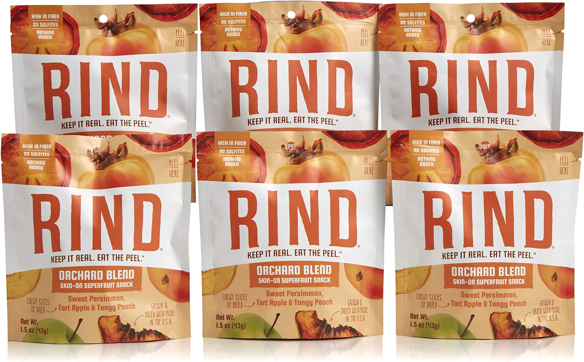 RIND Snacks Orchard Blend Sun-Dried Skin-On Superfruit Snack, Sweet Persimmon, Tart Apple, and Tangy Peach, High Fiber, No Sulfites, Antioxidants, Non-GMO, Gluten-Free, 1.5oz Single Serve, Pack of 6
