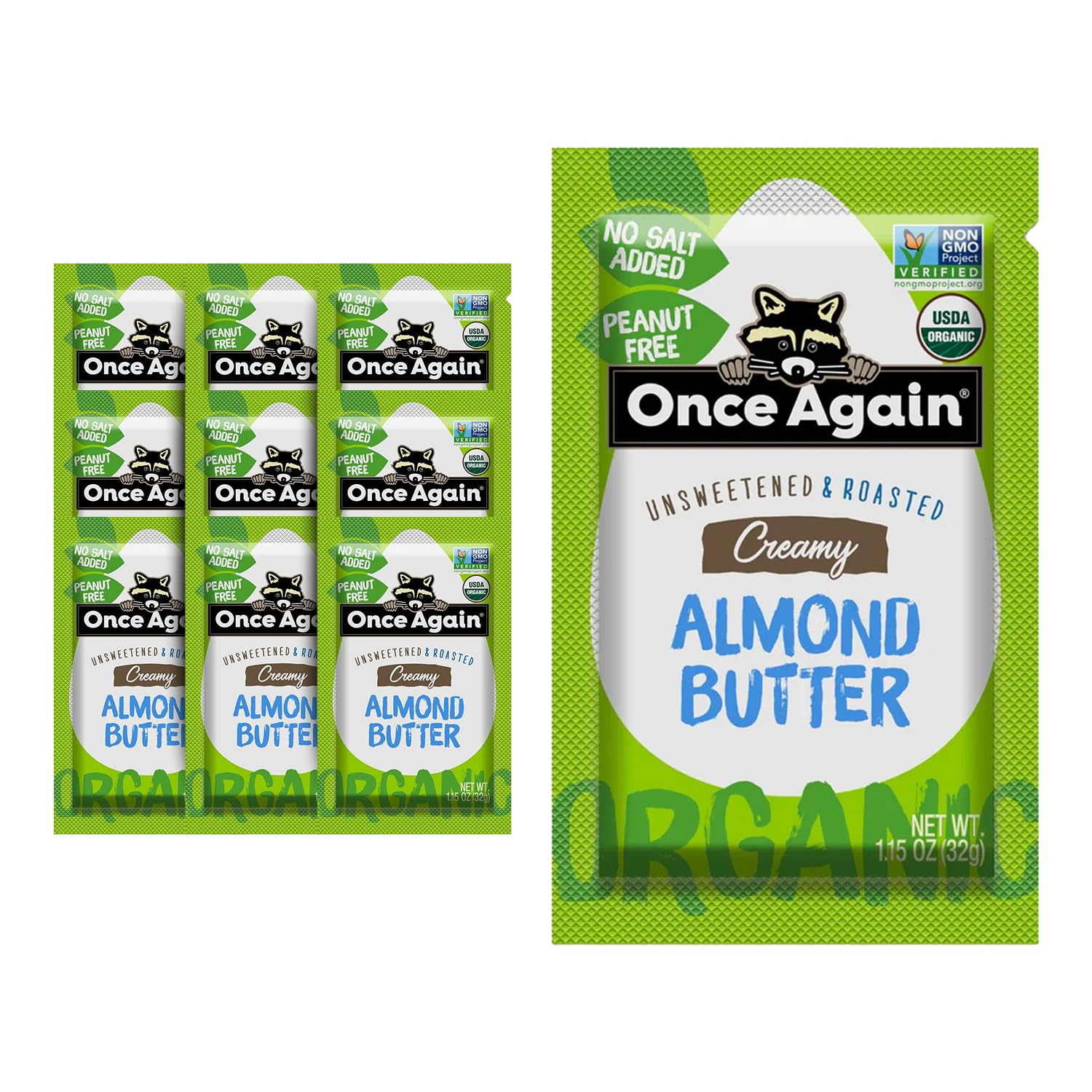 Once Again Organic Creamy Almond Butter - 1.15 Oz Packs, 10 Count - Toast - Salt, Sugar Free - Organic Used, Certified Gluten Free, Peanut Free, Vegan, Kosher, Paleo