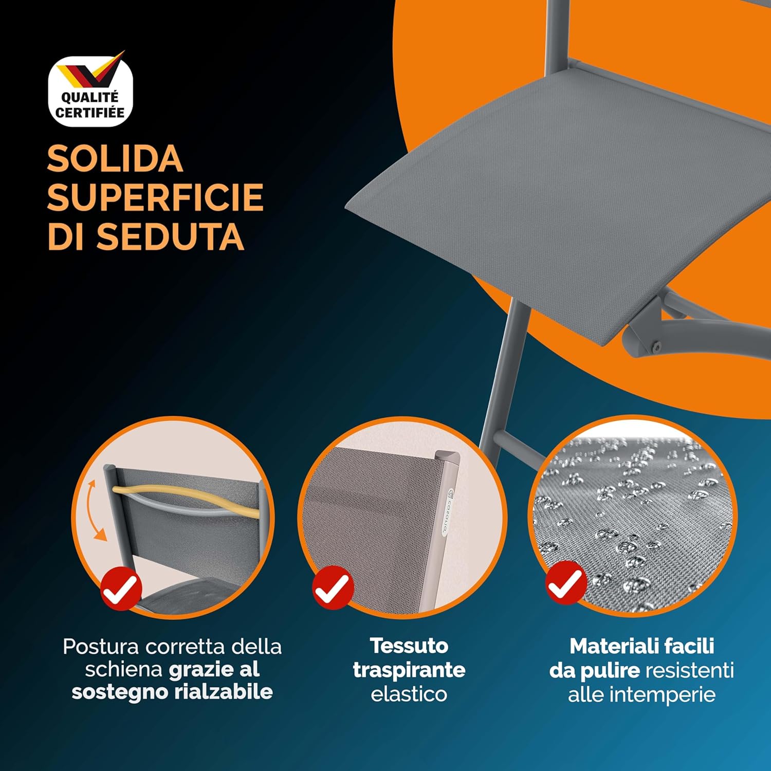 Közelkép views of the Casaria Folding Garden Chair's powder-coated steel frame and anti-scratch floor protectors, highlighting its durable construction and stable design.