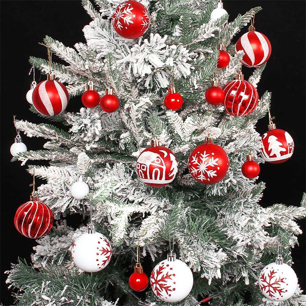 Christmas Tree Baubles Decoration Red & White 44ct 6cm Xmas Tree Baubles Decoration Ball Ornaments Hanging Baubles Shatterproof Glitter Decoration Pendant for Holiday Home Party Decor - Image 4