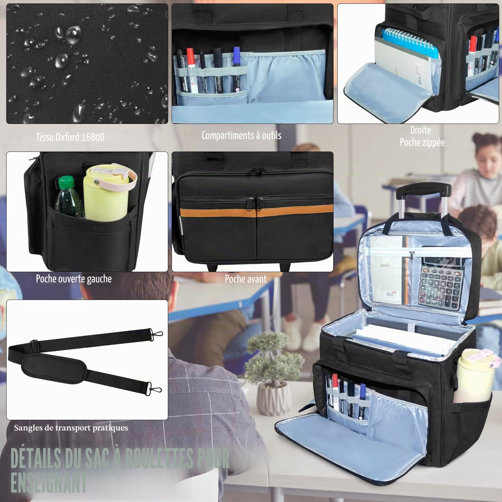 SUNDOY Rolling Insegnante, Sac de Travail pour Enseignants, avec Compartiment Extensible, pour Ordinateur Portable jusqu'à 17,3 Pouces, 42x23x35-ZM