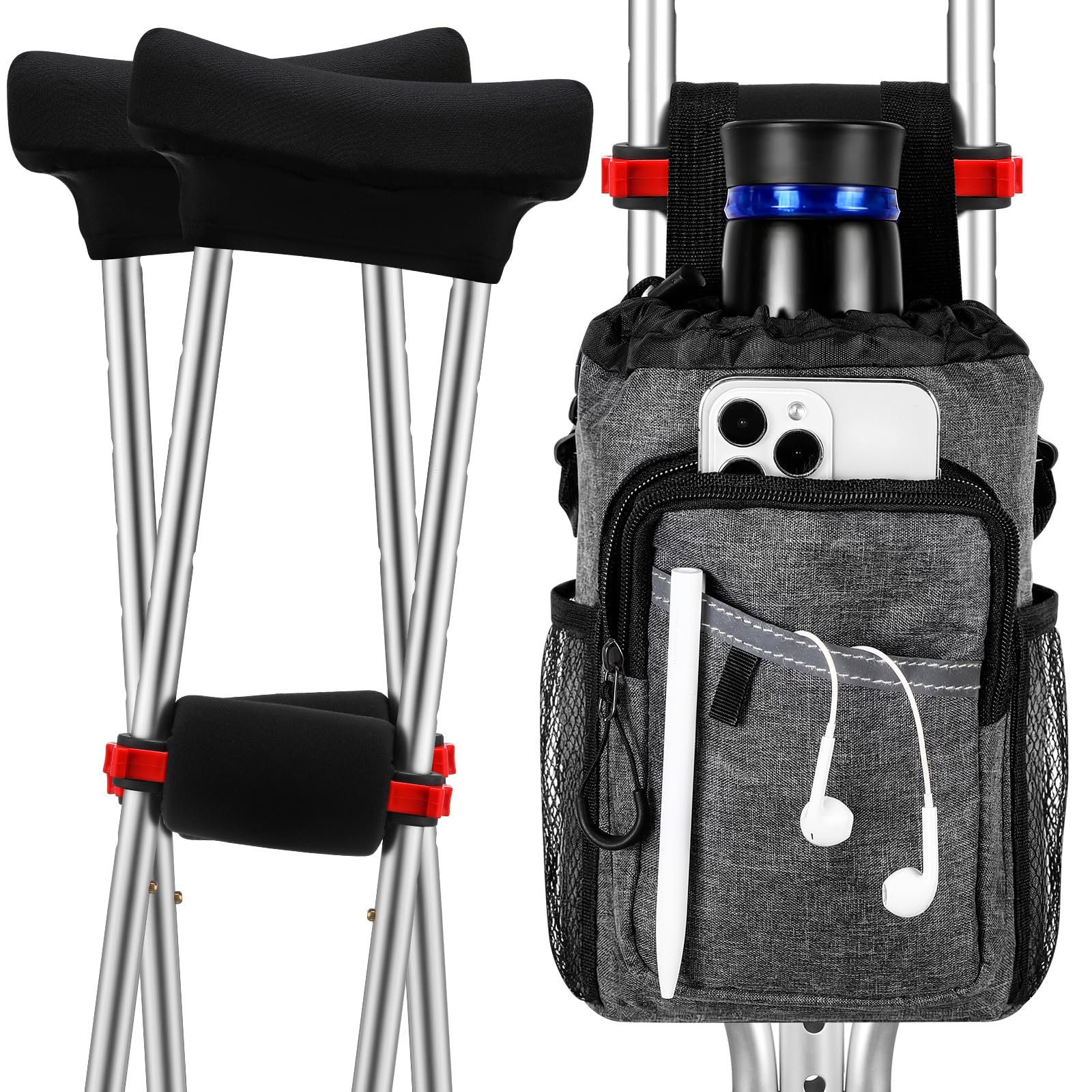 5 Pcs Crutches Accessories Crutch Pads Bag Hand Grips Includes 2 Standard Armpit Pads 2 Non-Slip Grips Large Water-Resistant Lightweight Storage Pouch with Reflective Strips for Adults