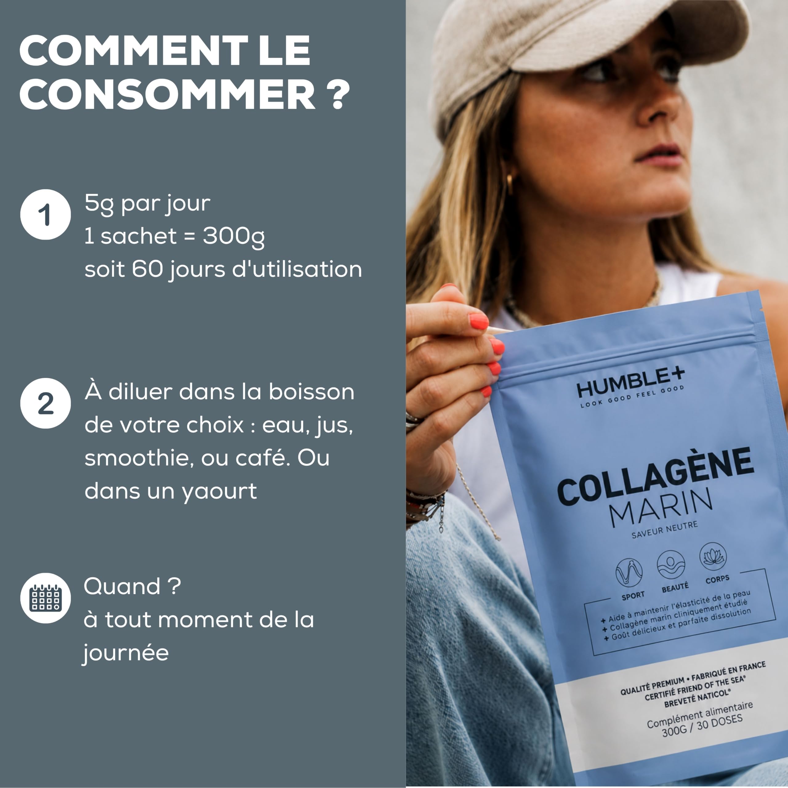 HUMBLE+ Collagène Marin Naticol® en Poudre Saveur Neutre - Peptides de Collagène Type 1-300 g - 60 Portions - Collagène Marin Français