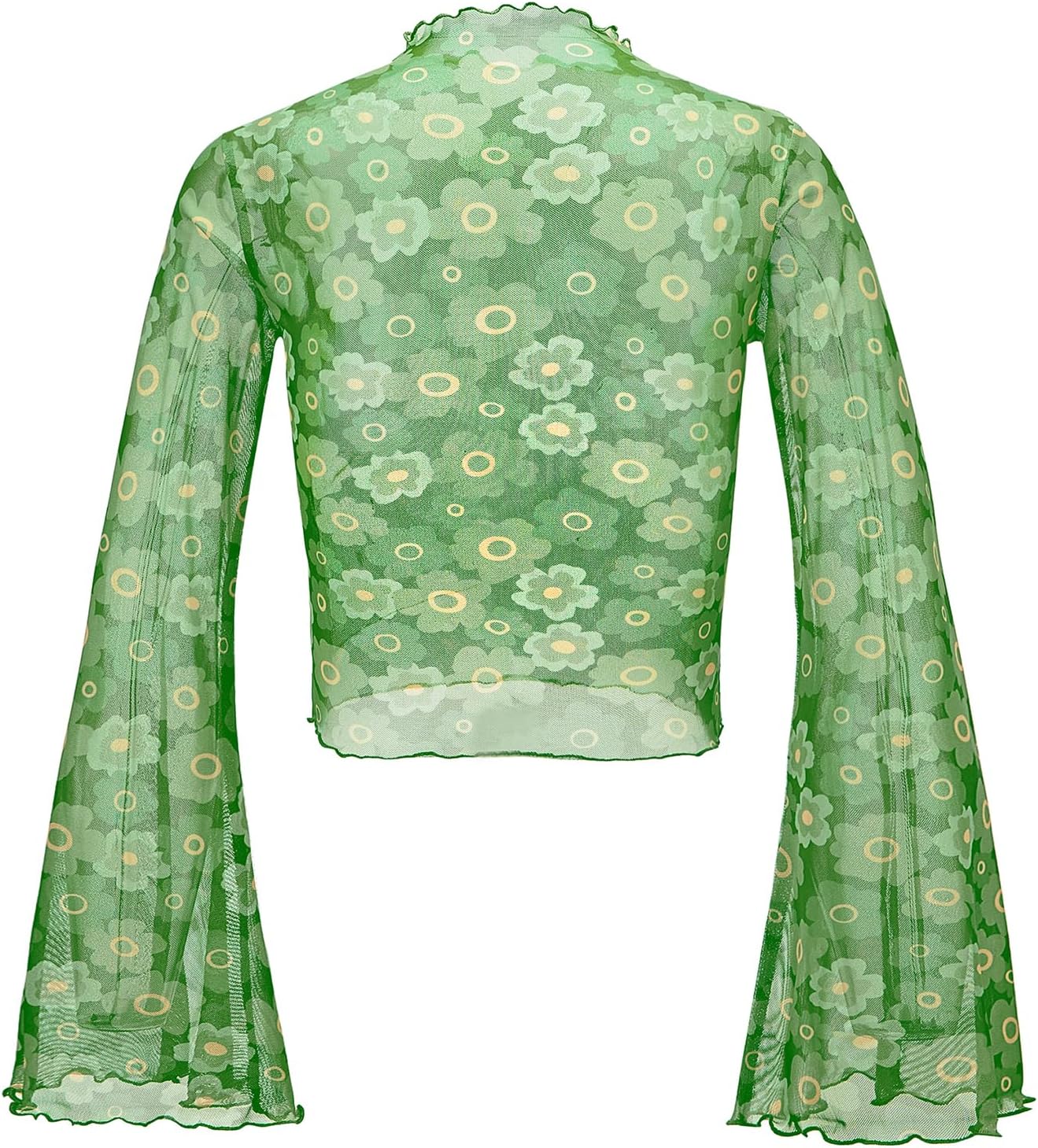 Durio 70s Womens Bell Sleeve Top Floral Tops for Women Disco Outfit Mock Neck Tops Semi Sheer Mesh Long Sleeve Top - Image 6