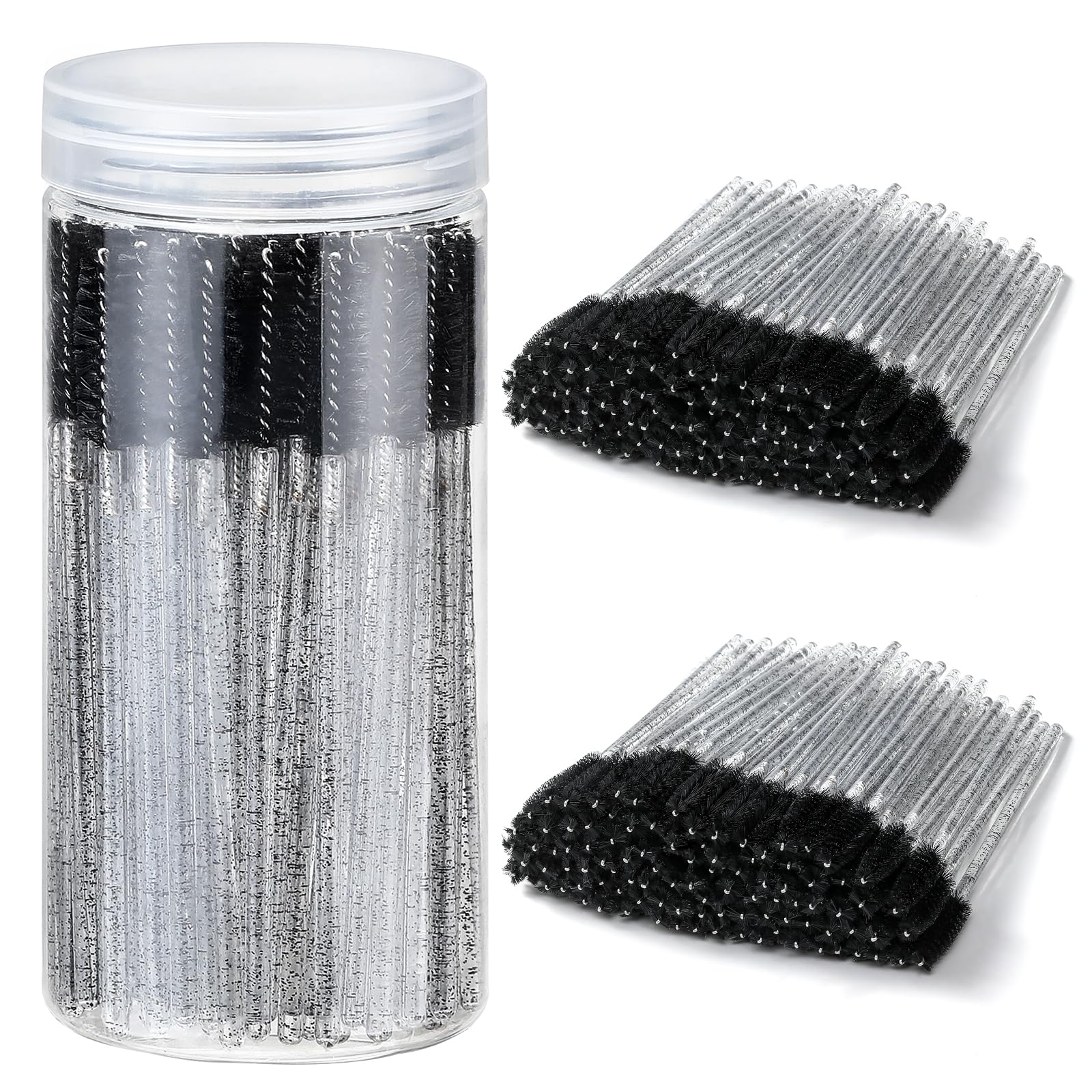 VITEVER 300PCS Disposable Eyelash Brush with 1 Replacement Container, Mascara Wands for Eye Lash Makeup Accessories, Spoolies for Eyelash Extensions, Crystal Eyebrow Brushes - Black