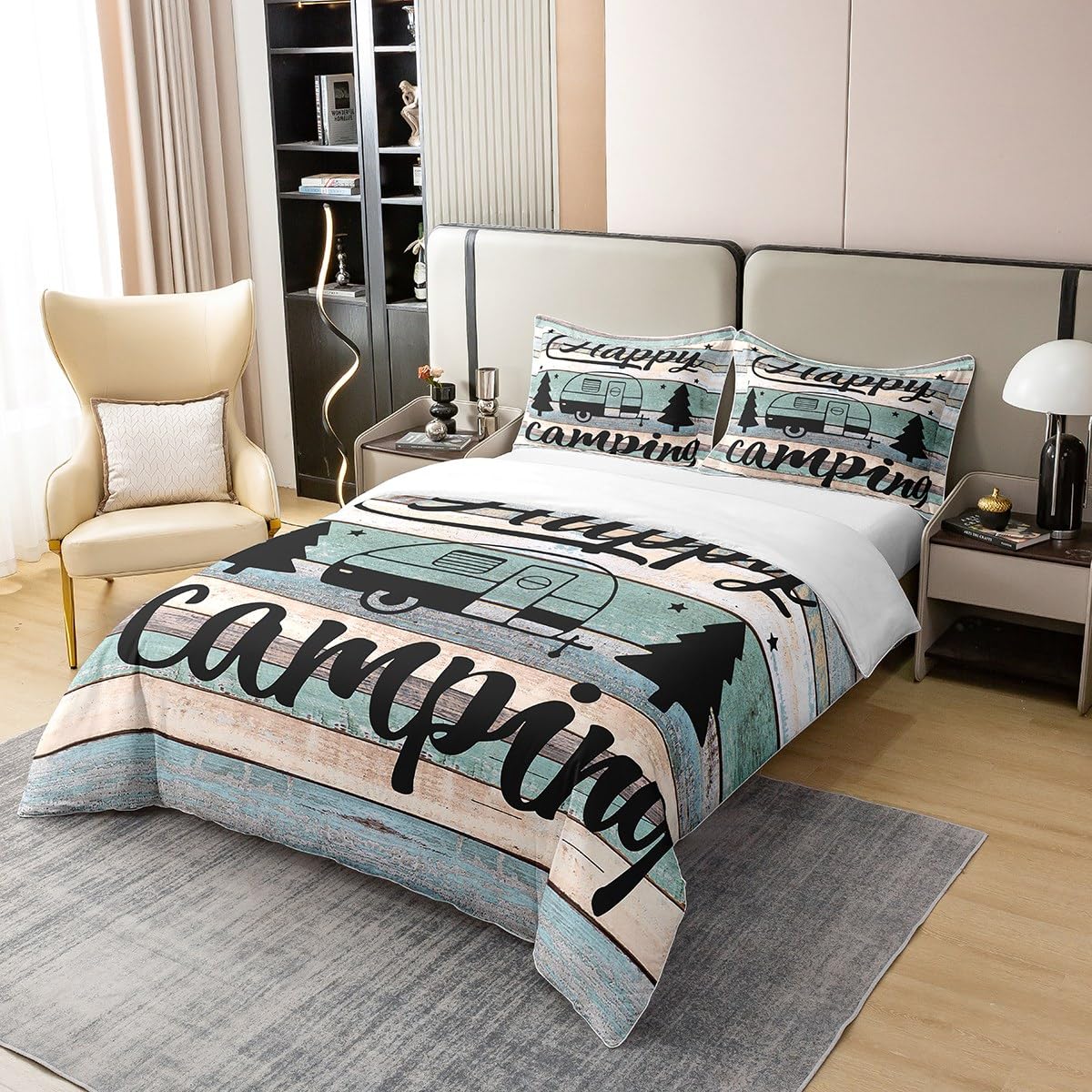 Camper Twin Size Zipper Happy Camping Bedding for Kids Rustic Farmhouse Style Duvet Cover 100% Cotton, Camper Accessories for Travel Trailers, Camper Must Haves,Teal Blue Vintage Wooden Quilt Cover