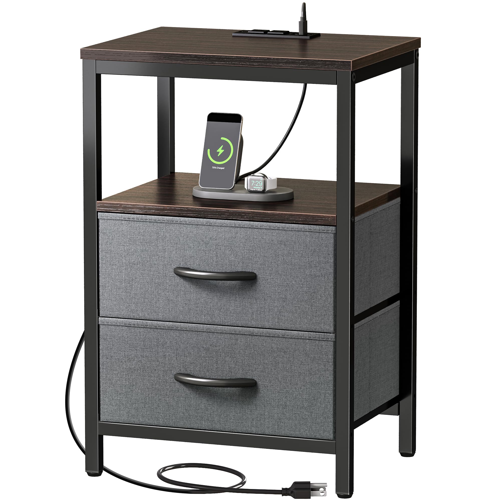 Huuger Nightstand with Charging Station, Fabric Drawers, End Table with Open Shelf, Bedside Table with USB Ports and Outlets, Night Stand for Bedroom,