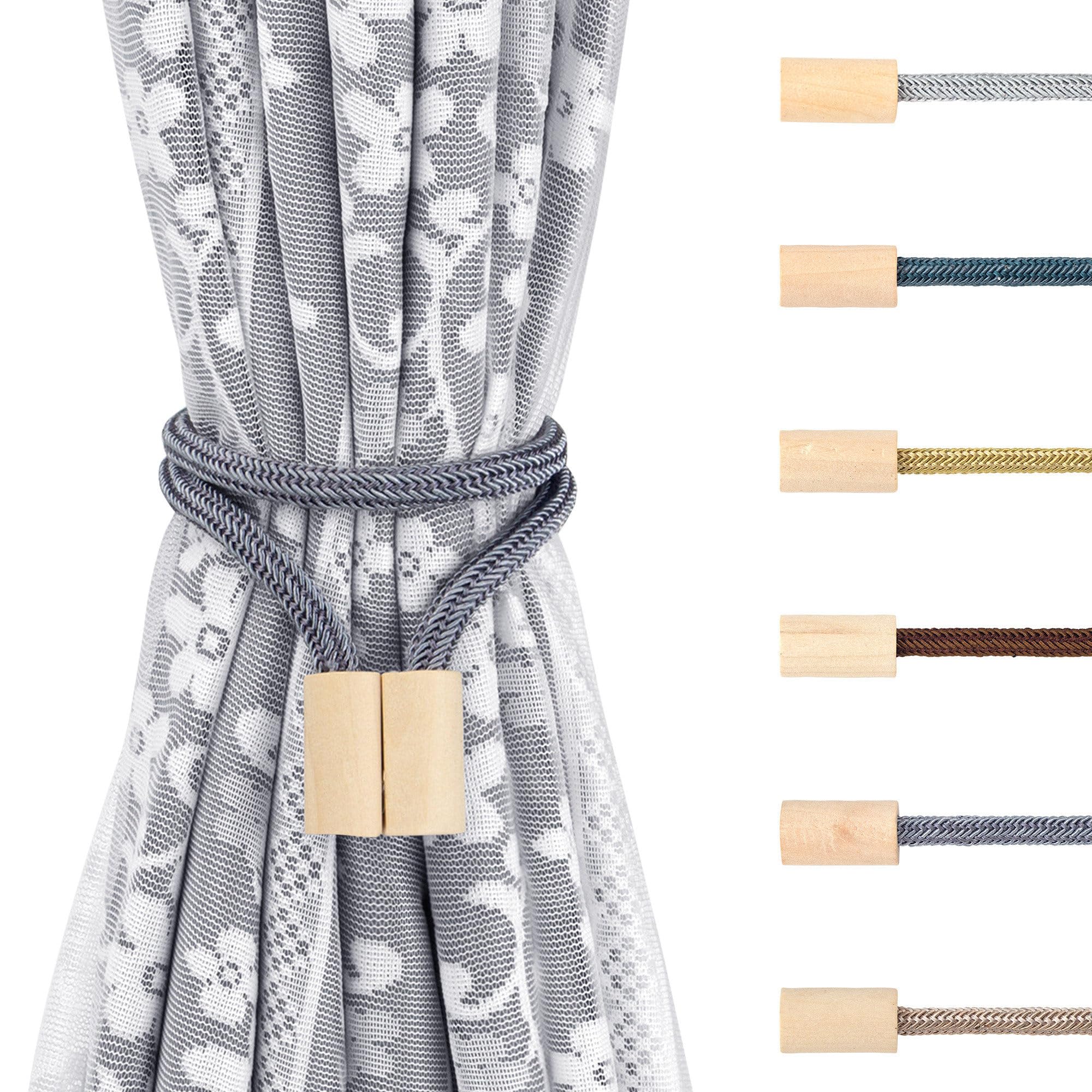 Wooden Magnetic Curtain Tiebacks 4 Pack, Dark Grey, Customizable Style with 24 Inch Longer Rope for Endless Creative Tying Options