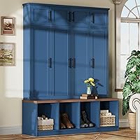 Merax Blue Hall Tree with Entryway Bench, Shoe Cabinet, 4 Hooks & 8 Doors - Multi-Functional Storage Organizer