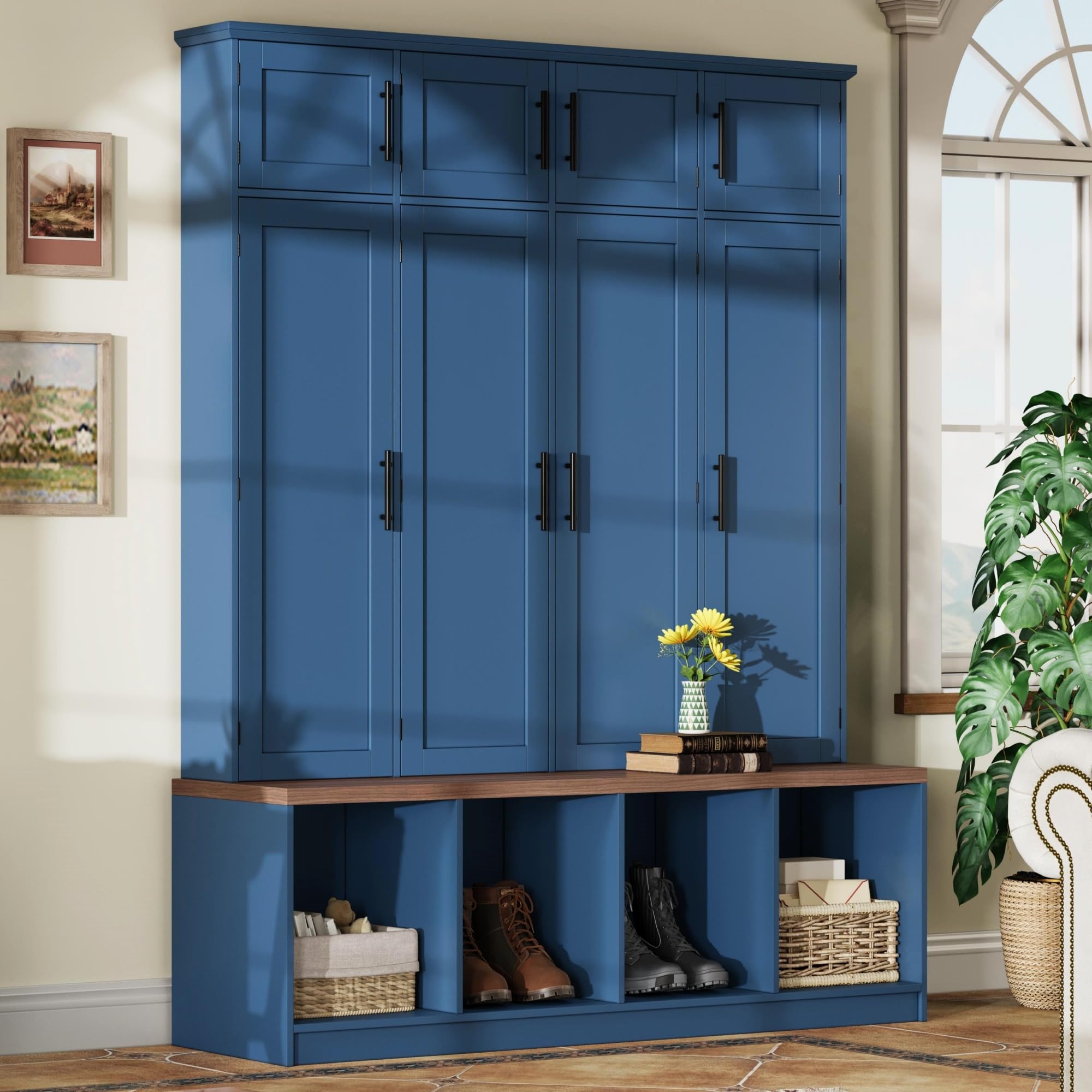 Hall Tree with Entryway Bench and Shoe Cabinet, Multi-Functional Seating Bench with 4 Hanging Hooks and 8 Doors, Blue