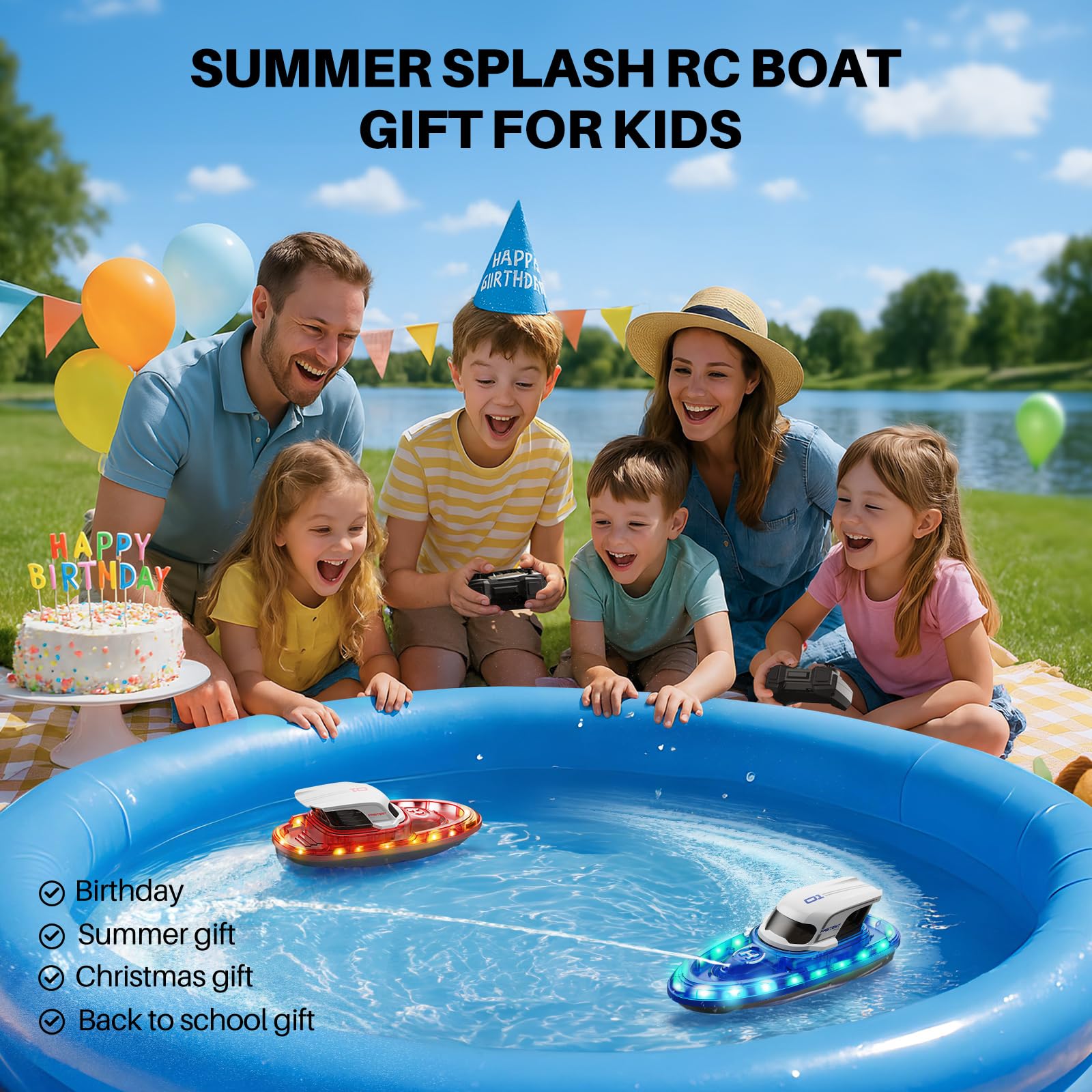 SYMA Juego de 2 botes teledirigidos para niños de 8 a 12 años, barcos de carreras RC con LED y spray de agua, 20 min por barco, 40 min en total, juguete para piscina y lago, regalo para niños y niñas