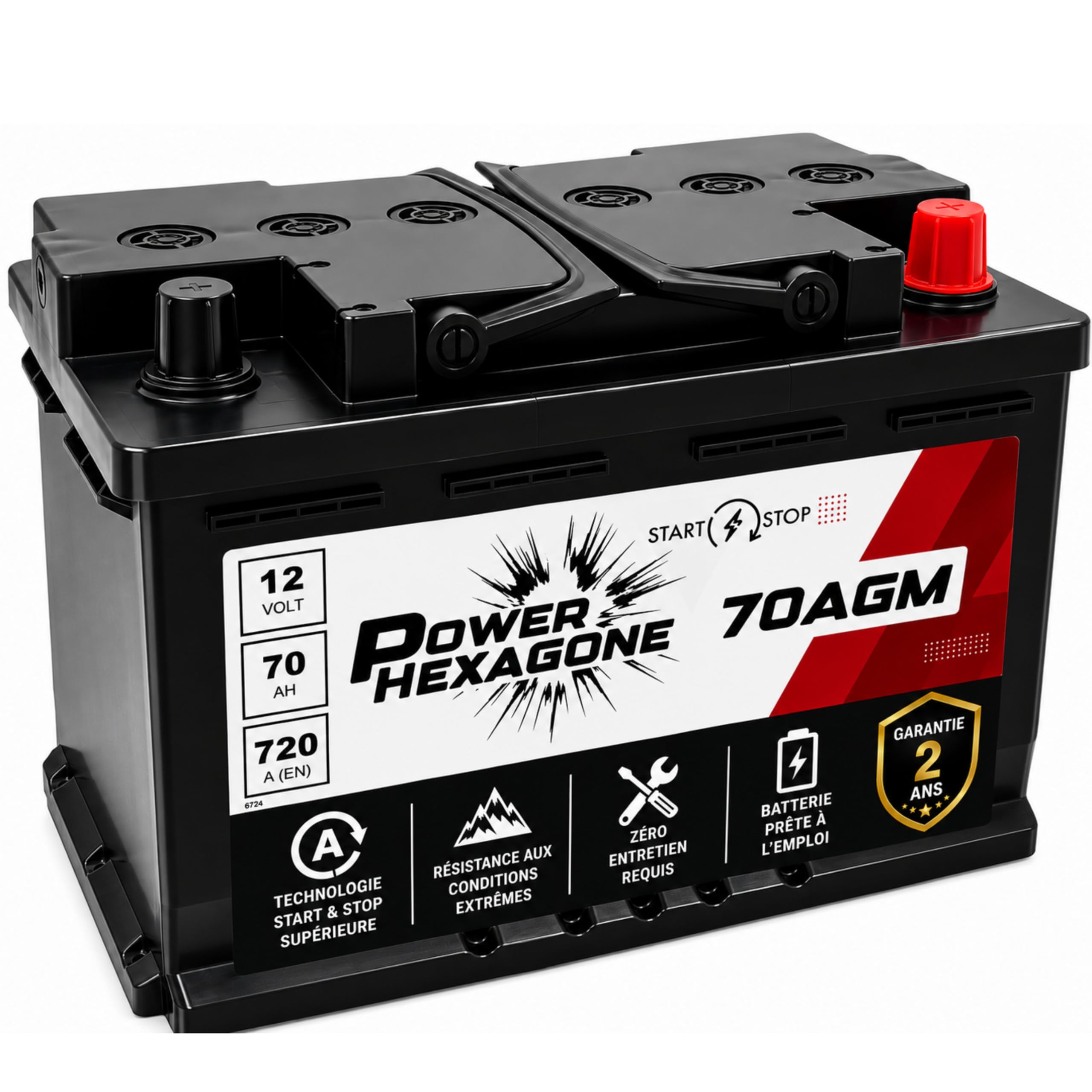 Batterie 12V 70 Ah AGM Start & Stop - Démarrage de 720A - Auto Sans Entretien - Format L3 pour Véhicules Récents Start & Stop - Remplacement batterie Origine - Power Hexagone