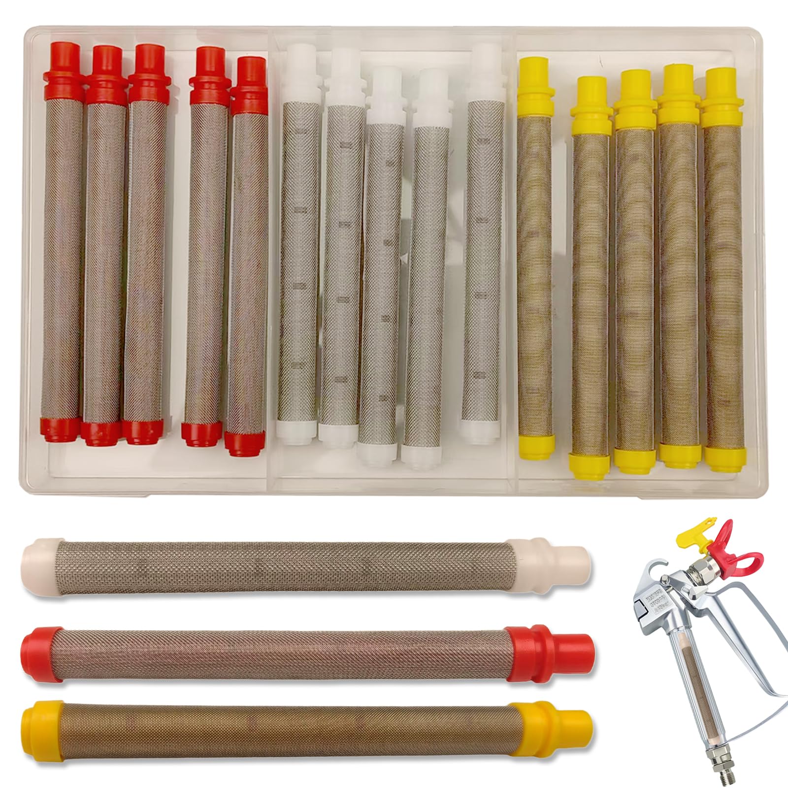 Juego de 15 filtros de pulverización sin aire, malla 60/100/200 elementos de acero inoxidable para pistolas de pintura, 100 mm de longitud para revestimientos y trabajos de pintura