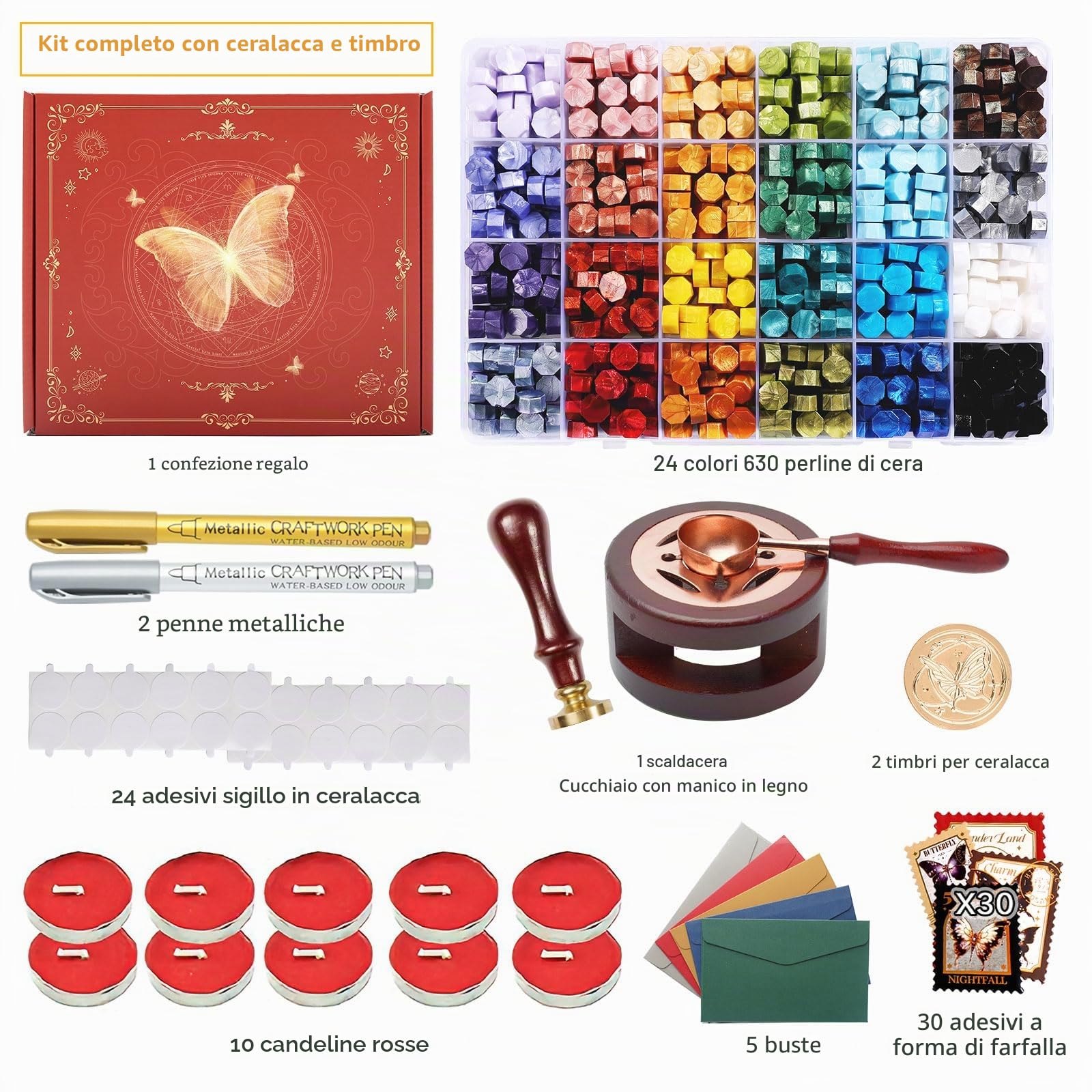 Comealltime Set di 630 francobolli di cera, set di 630 pezzi, con timbro a farfalla, scalda cera, cucchiaino, lumini, buste, decorazioni fai da te per inviti di nozze