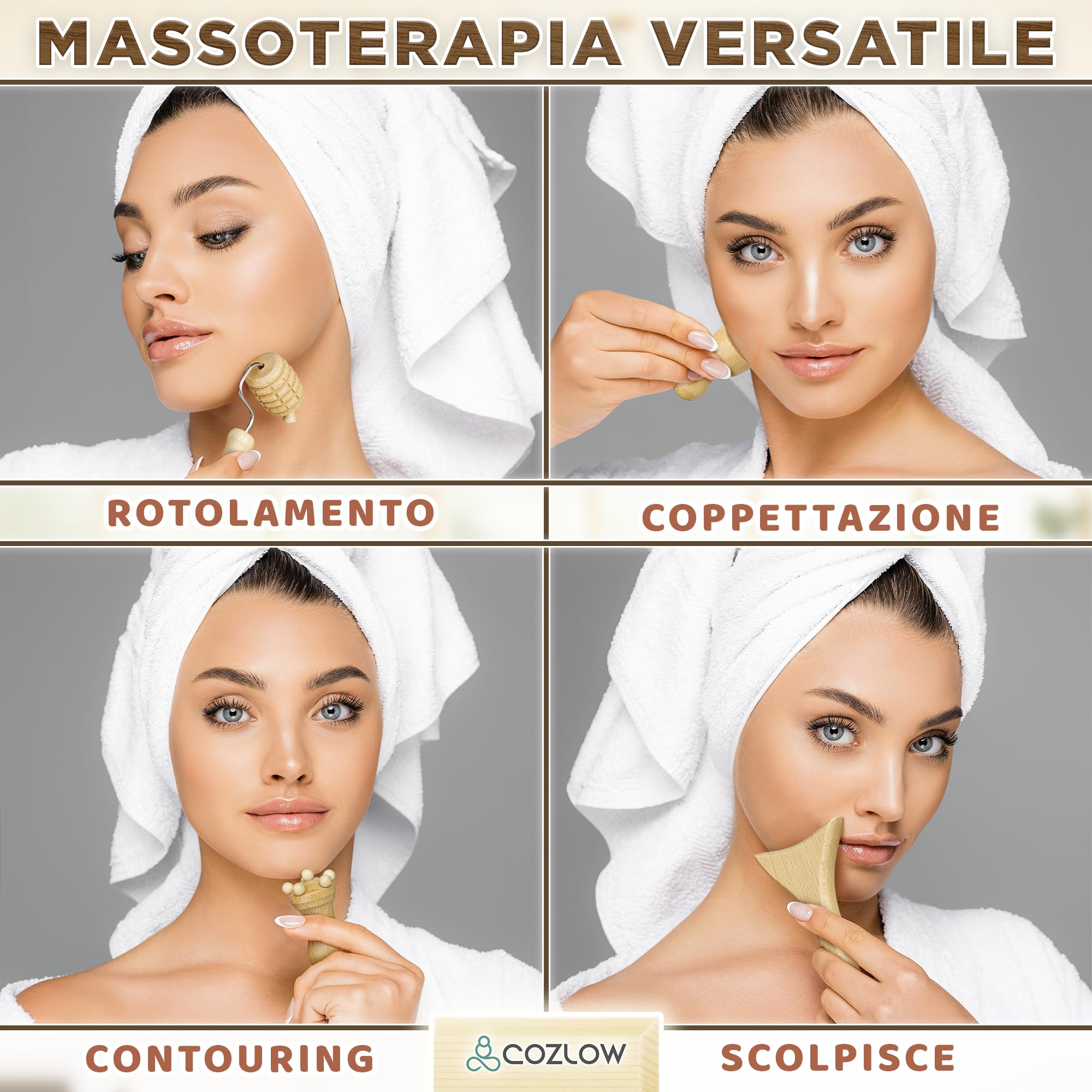 COZLOW Strumenti per massaggio facciale in legno (set da 7 pezzi), kit massaggiatore viso in legno Gua Sha per lifting viso, drenaggio linfatico, cura della pelle e anti-invecchiamento