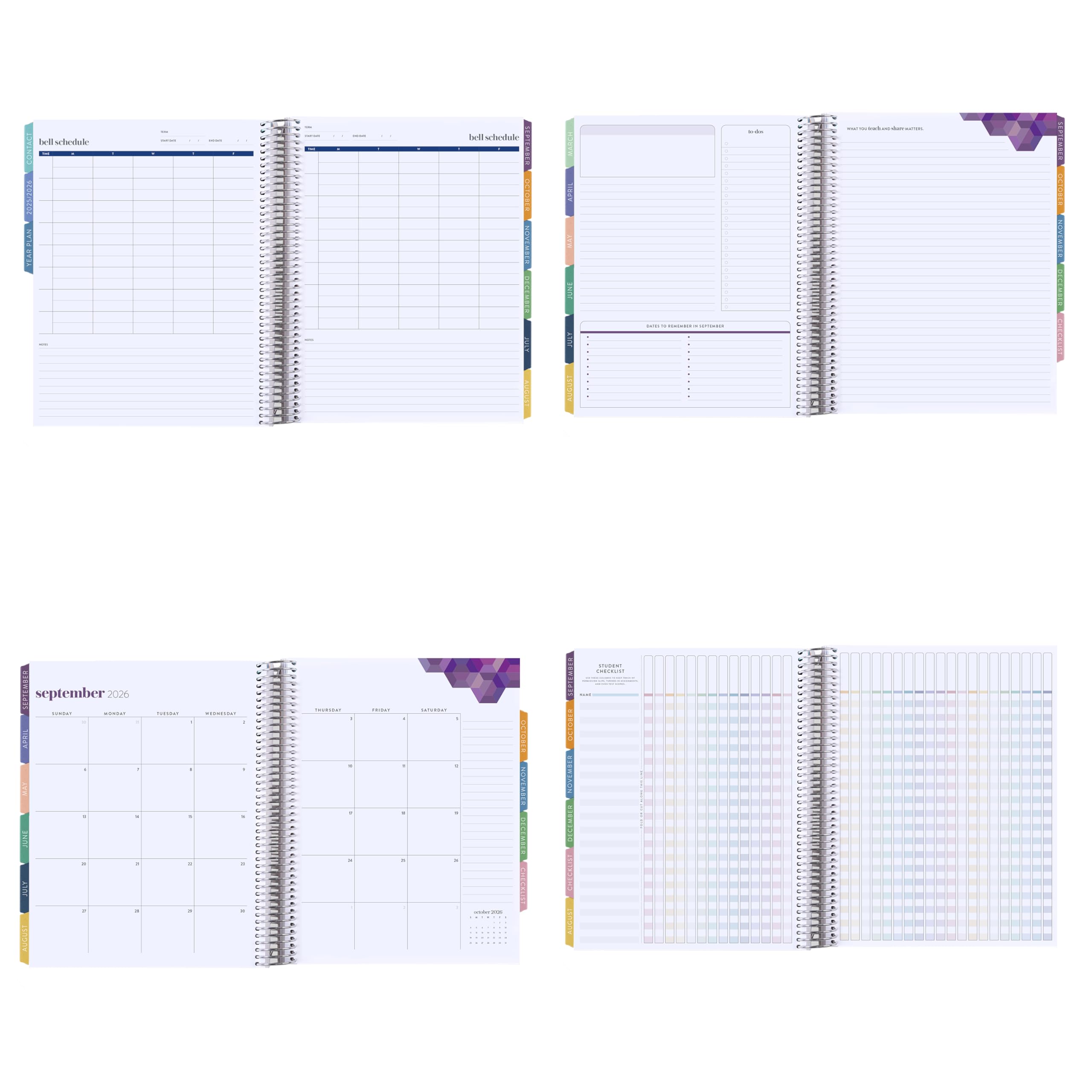 21,6 x 28,9 cm Spiral-Lektionsplaner (Januar 2026 – Dezember 2026) – Teach Classic Cover, horizontales Layout, Sechseck-Thema, Platin-Spule