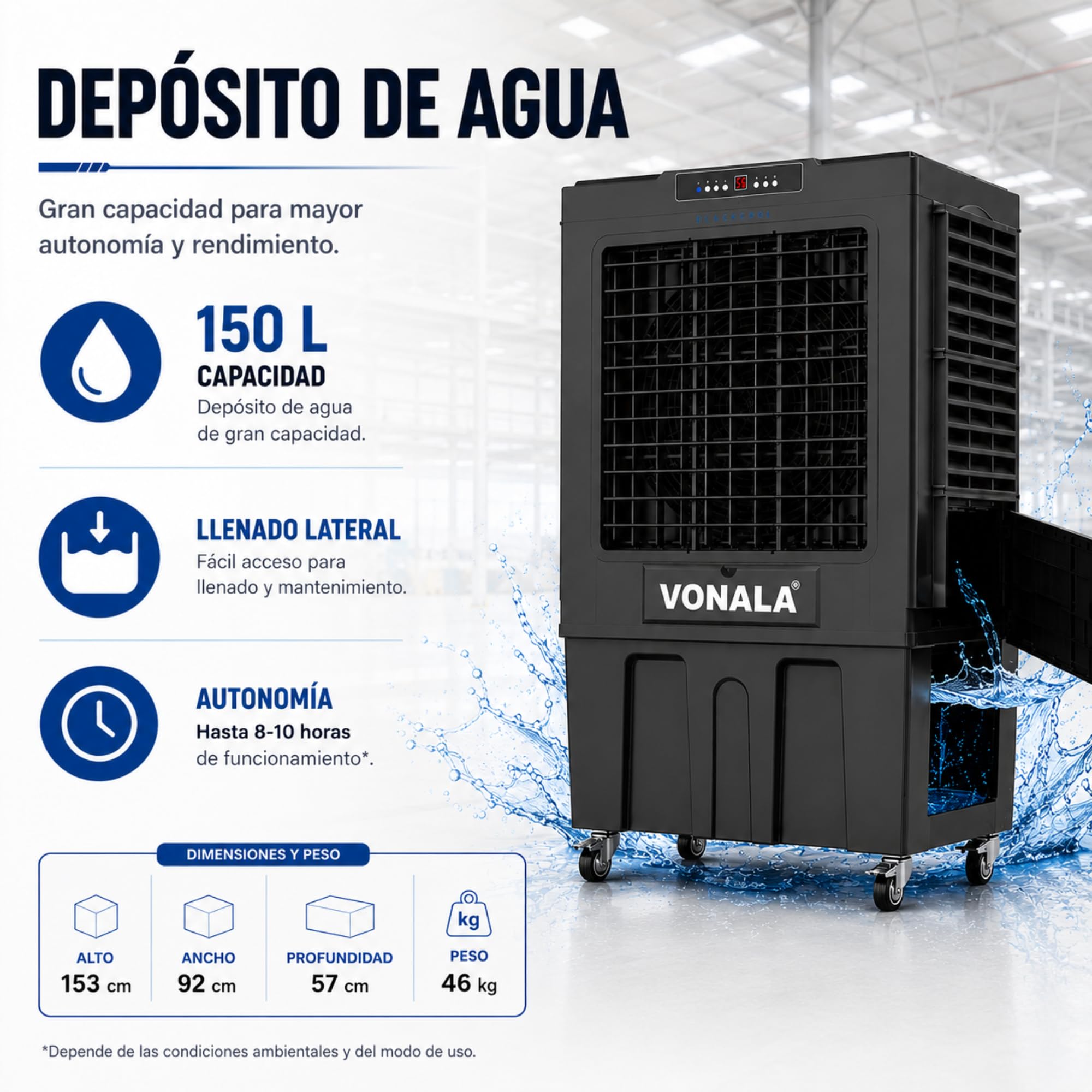 Climatizador Evaporativo Industrial VONALA BLACKOOL20 – Enfriador de Aire Profesional, Depósito 150L, Caudal 20000 m³/h, Cobertura 200m², 500 W, Climatizador Industrial Portátil