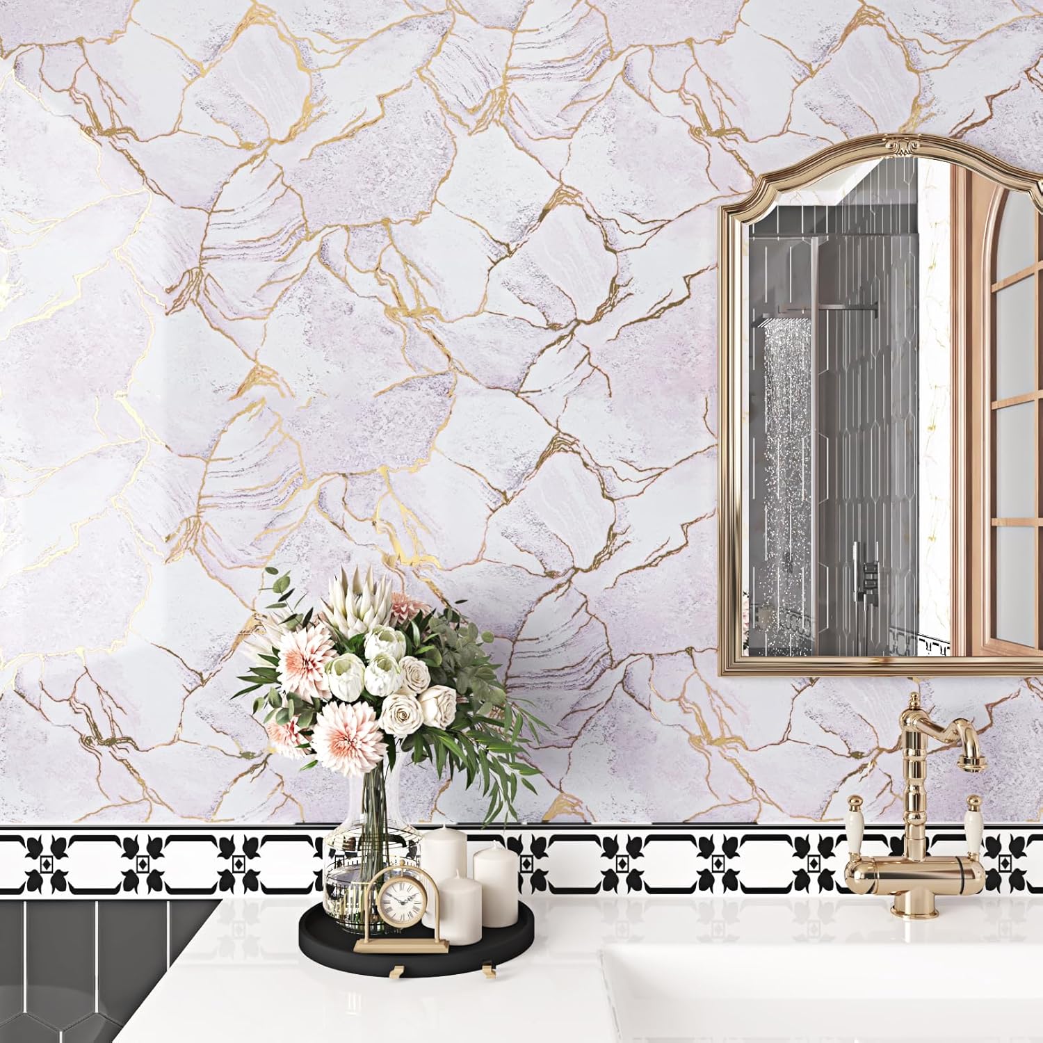 24"x118" Extra Large Gold Pink Marble Contact Paper Roll Gloss Waterproof Wallpaper for Kitchen Backsplash Bathroom Countertops Cabinet Renovation Peel and Stick Temporary Wall Covering
