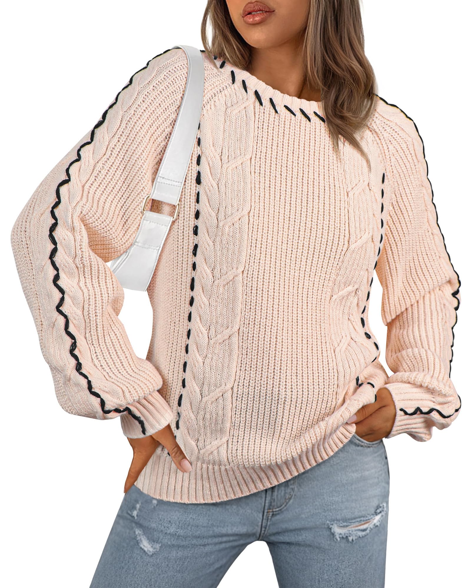 ECOWISH Oversized Sweaters for Women Fall Winter Cable Knit Chunky Color Block Tops Jumper Long Sleeve Crewneck Pullover