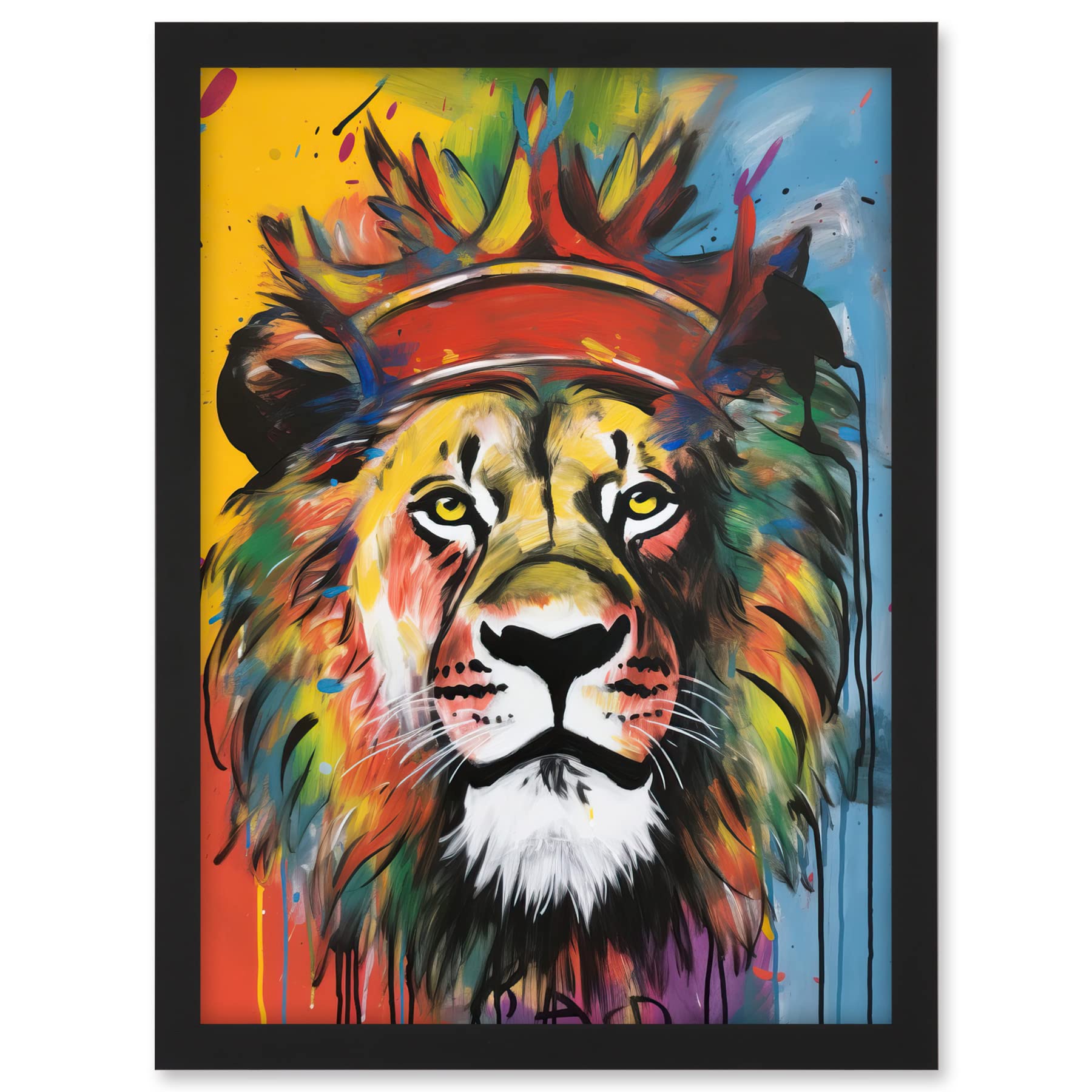 Artery8 King of the Jungle Lion with Crown Modern Pop Art Artwork Framed A3 Wall Art Print