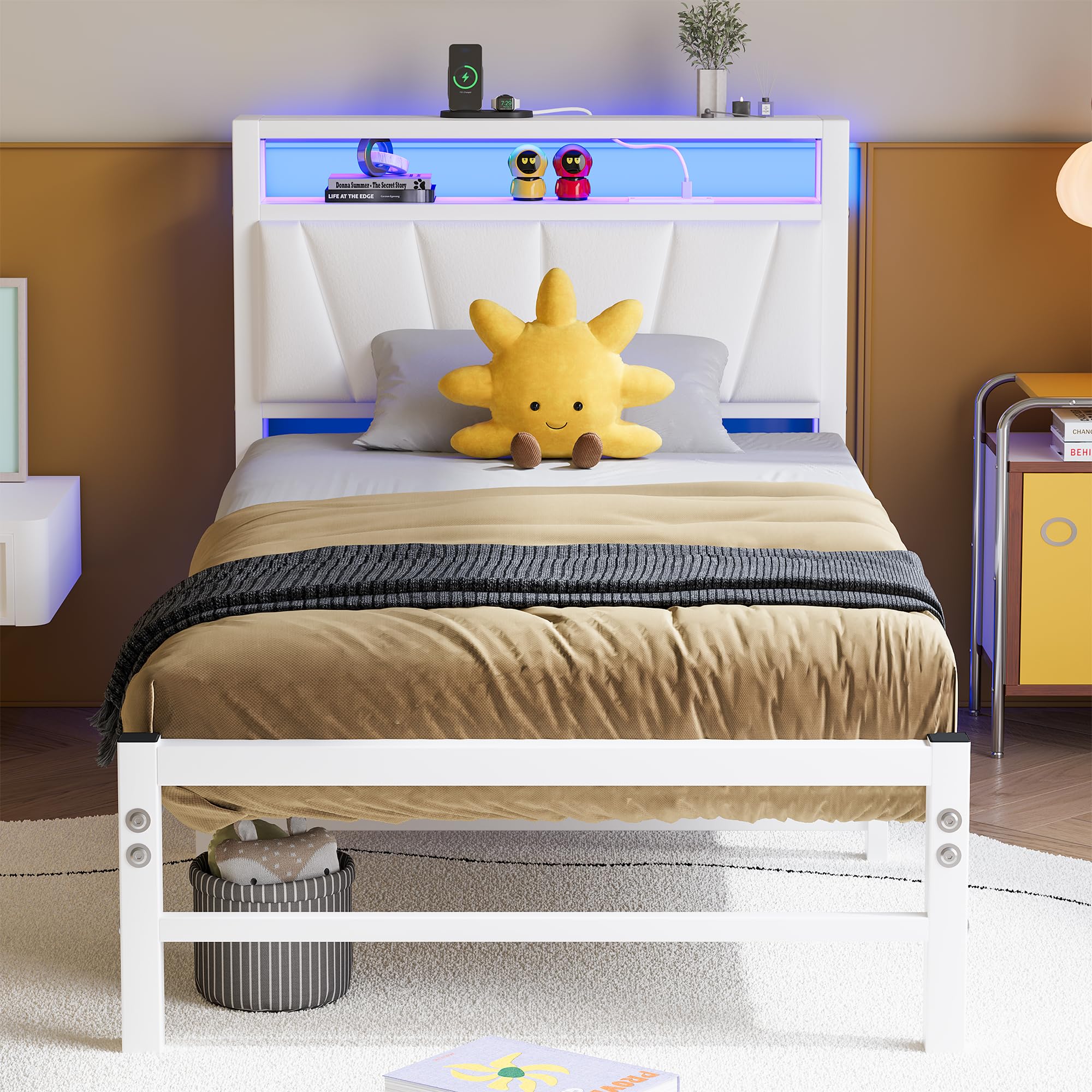 BORPHOM White Single Bed Frames with Storage Upholstered Headboard Shelf,Heavy Duty Metal Single Bed with LED Lights and Charging Station,Strong Metal Slats Support,Noise Free,Easy Assembly — image 1