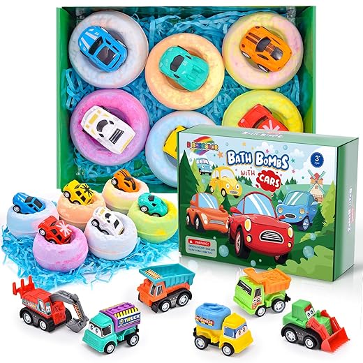 6 Pack Natural Bath Bombs for Kids Pull-Back Cars Organic Rich Foam Color Bubble Set Boys Girls Surprise Toys Christmas Gift for Toddlers