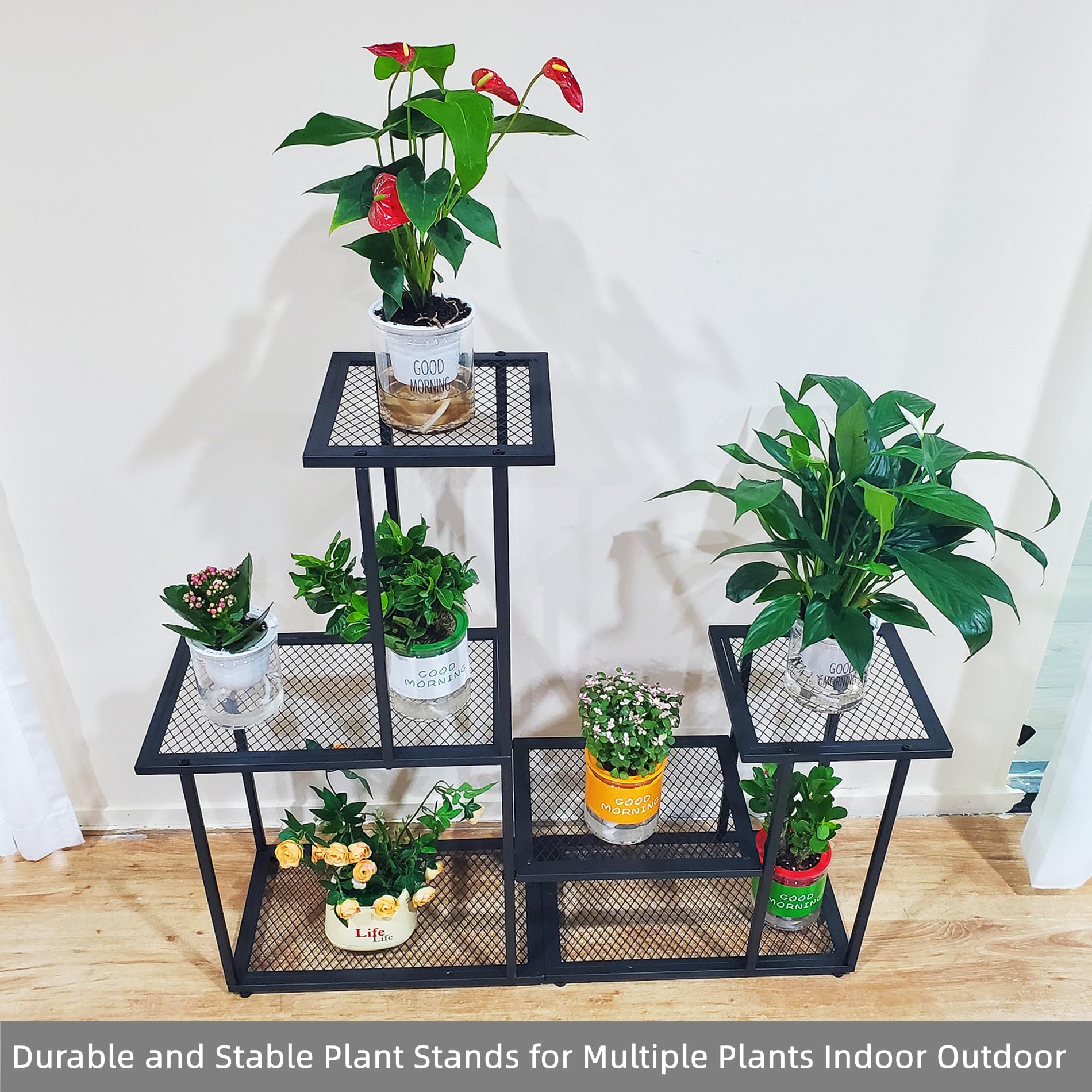 Flohover Metal Plant Stand, 4 Tiers 8 Potted Large Plant Holder Multifunctional Plant Stands for Indoor Plants, Decorative Black Plant Shelf for Indoor Outdoor Patio Garden Corner Balcony and Yard