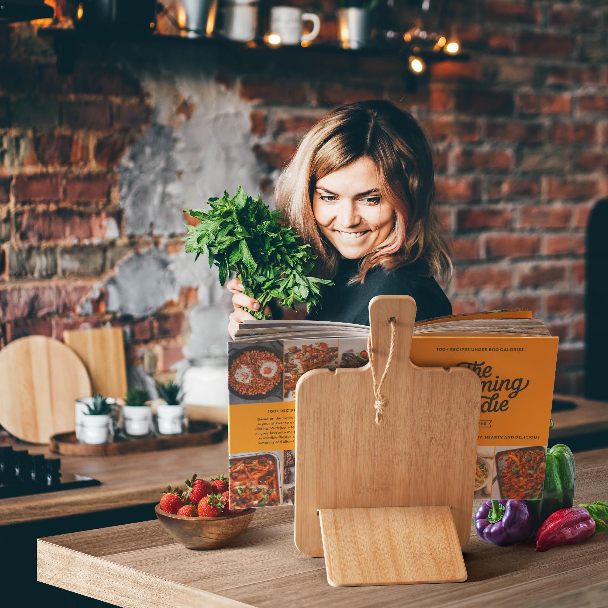 Albert&Grace Adjustable Bamboo Cookbook Stand with Conversion Chart - Recipe Book Holder for Kitchen Counter, Large Wooden Stand for Cookbooks, Tablets, & iPads - Image 2