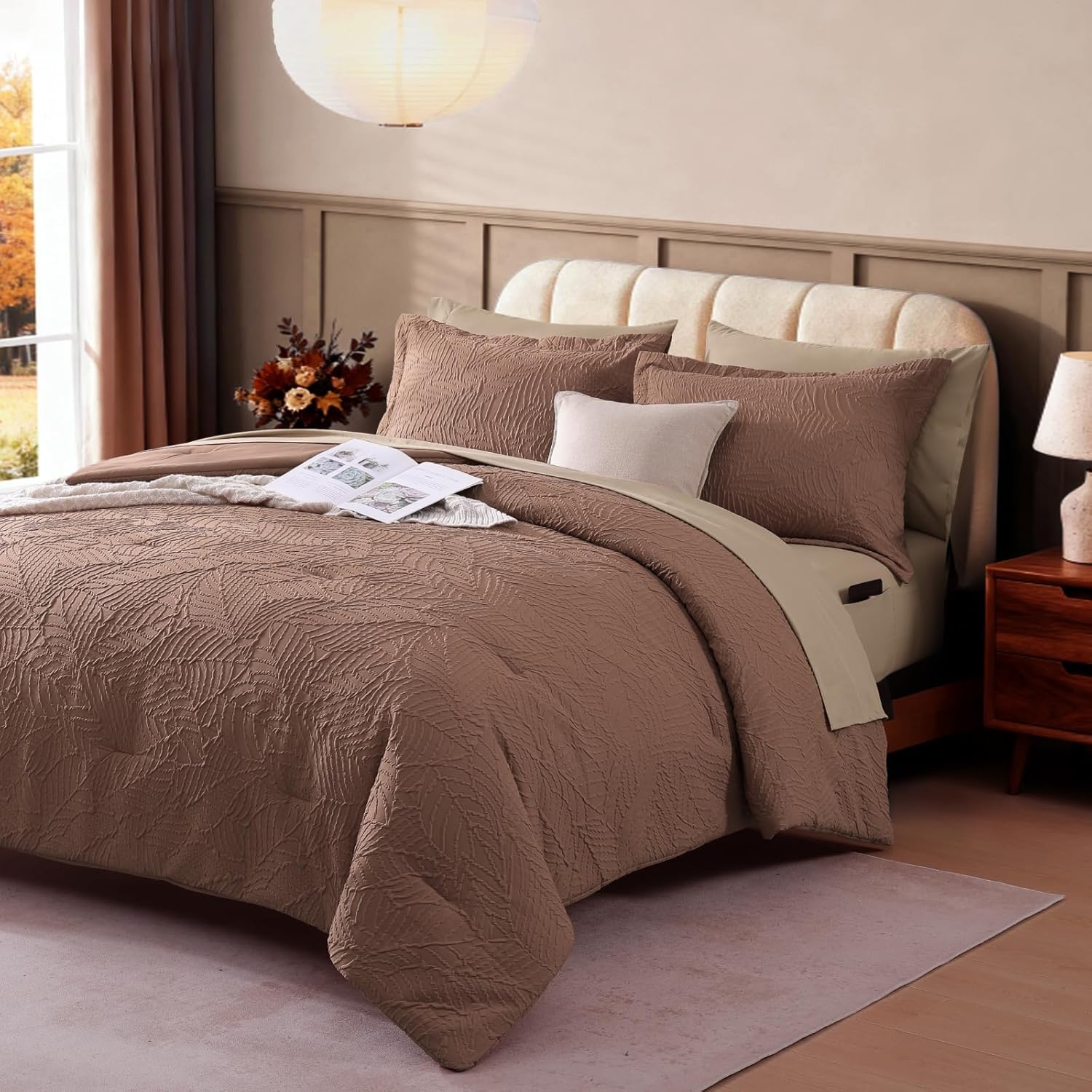 Geniospin Queen Comforter Set - 7 Pieces Brown Textured Queen Bedding Sets with Comforter, Sheets, Pillowcases & Shams,All Season Brown Bedding - Image 2