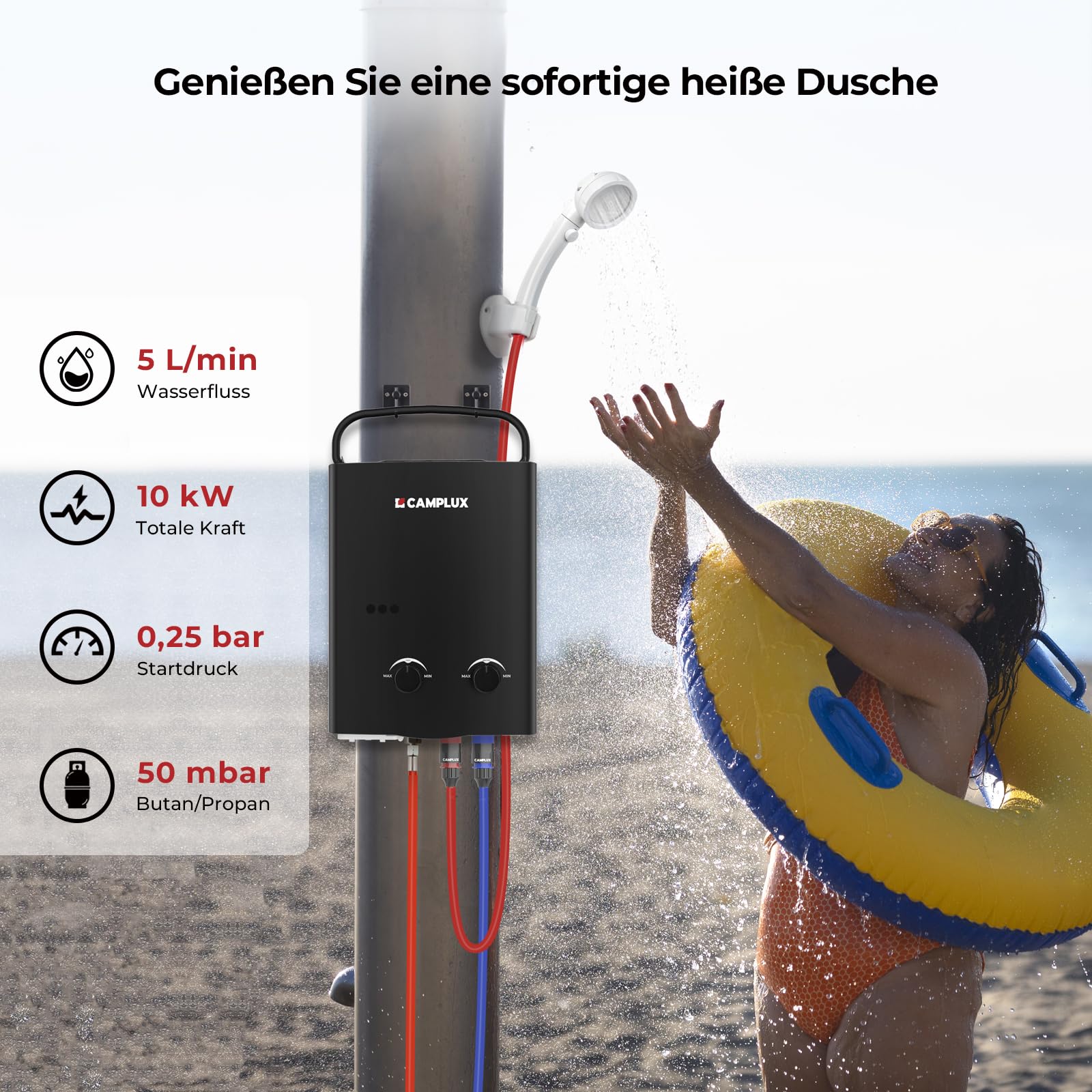 Camplux AY132B-DE bezzbiornikowy podgrzewacz wody 50 mbar, 5 litrów LPG z przenośnym uchwytem, 10 kW, propan lub butan, do prysznica kempingowego