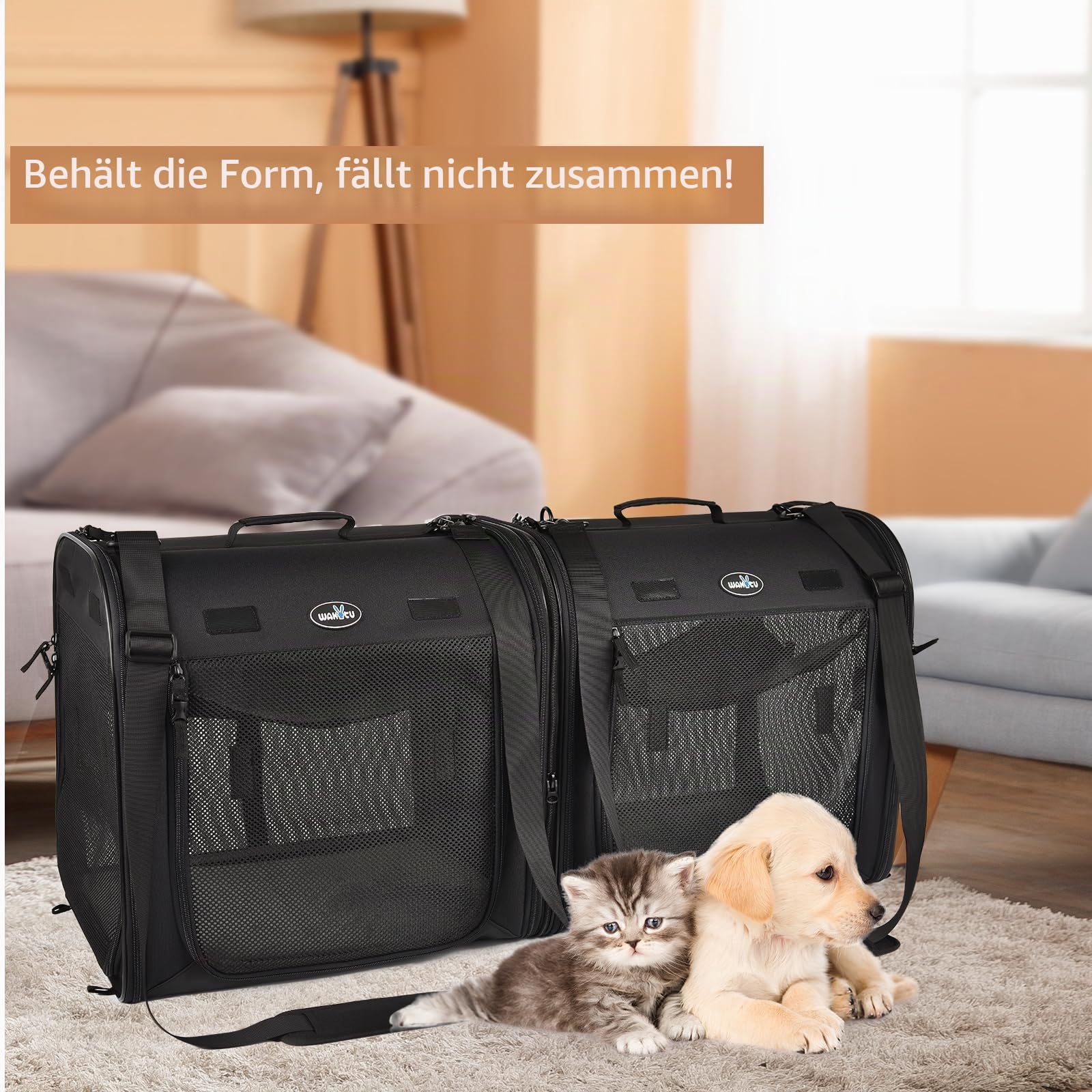 Wakytu Faltbare Katzen Transportbox groß 89x35x43cm für 2 Katzen, 2-in-1 Haustiertragetasche und Autositz Sicher und belüftet für Auto Reise Tierarzt geeignet für kleine Hunde und Katzen