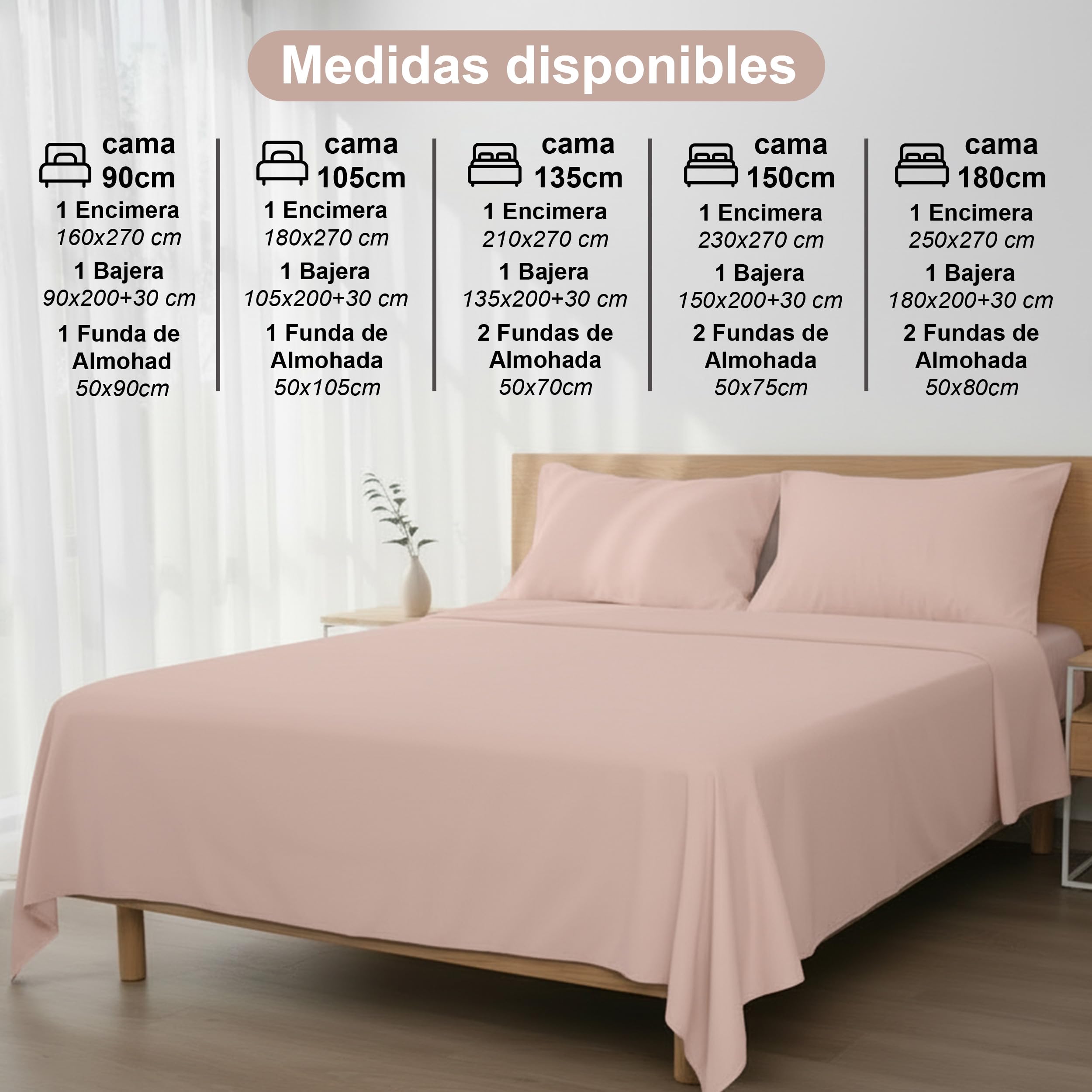 H HANSEL HOME Juego de Sábanas de Microfibra Cepillada, Sábana Bajera Ajustable Altura 30 cm, Encimera y Fundas de Almohada, para Cama 135cm, 4 Piezas 135x190/200cm - Rosa Claro — view 6