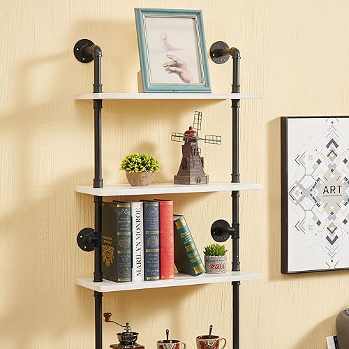 Miniatura 8 de Anynice Estantería industrial tipo tubo, estantería rústica de metal de madera retro para montar en la pared (blanco, 4 niveles, 10 pulgadas de
