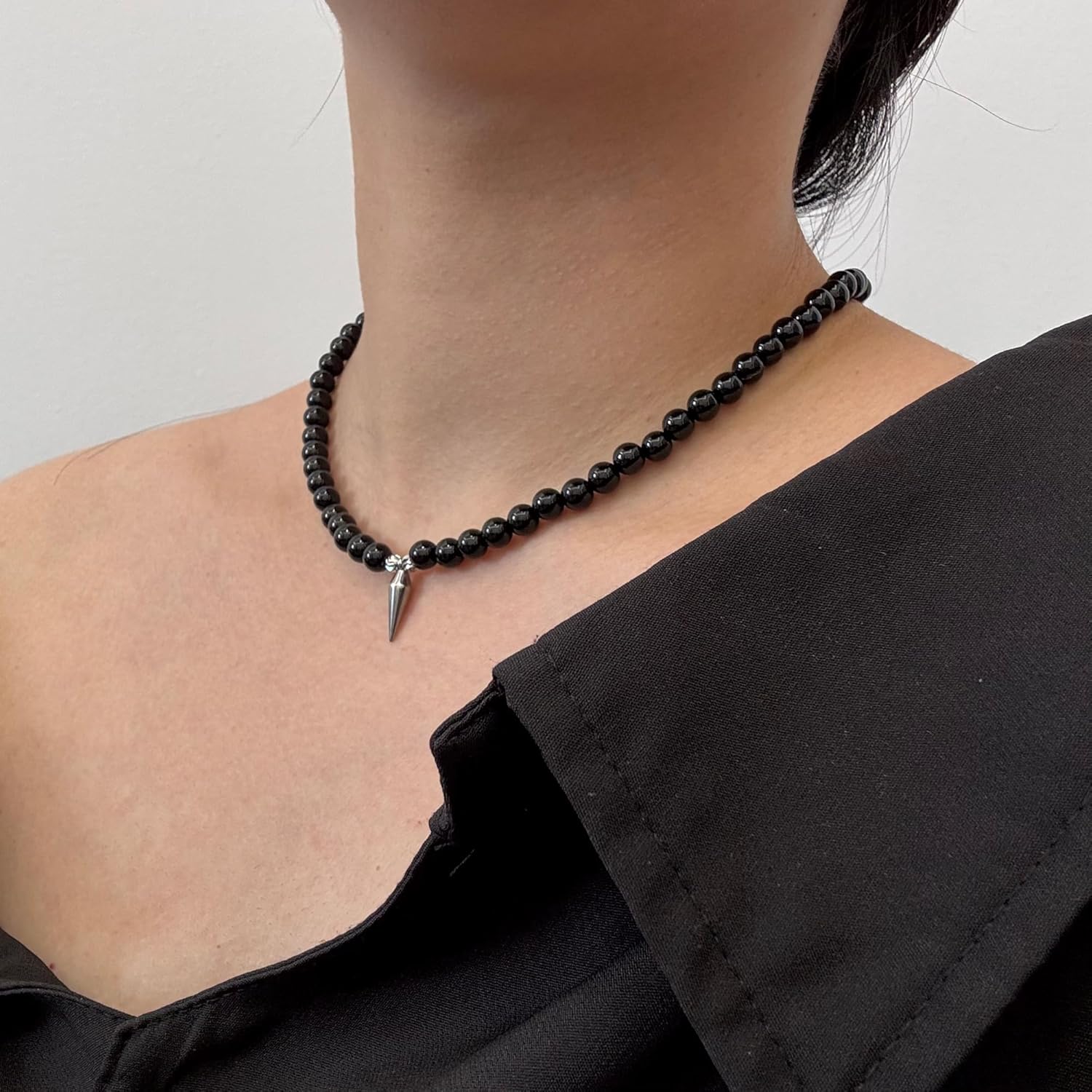 Kakikaki Natural Agate Round Beads Strand Spike Rivet Charm Choker Necklace Sterling Silver Goth Streetwear Punk Necklace