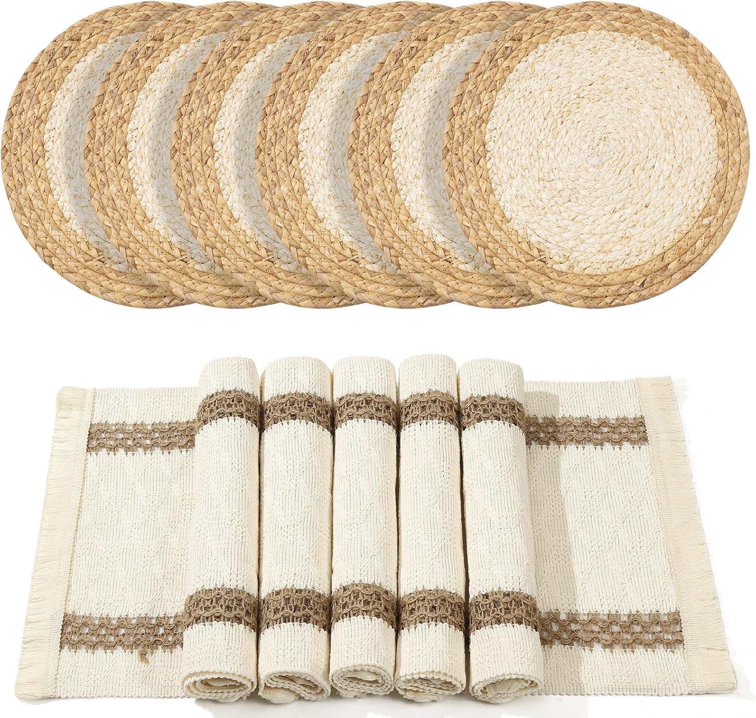 Handmade Boho Placemats Set of 6 | Natural Woven & Fabric Cotton Combo Table Mats | 12-Piece Versatile Place Mats | Rustic Farmhouse Style Dining Table Decor