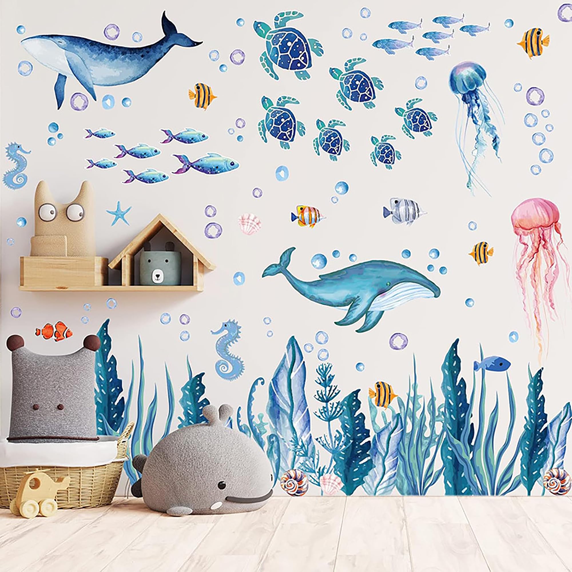 Naklejki ścienne ze zwierzętami z podwodnym światem dla dzieci, zabawna edukacyjna dekoracja z motywem oceanu, delfina, meduzy, żółwia i nie tylko, niebieskie życie morskie żłobek naklejki ścienne