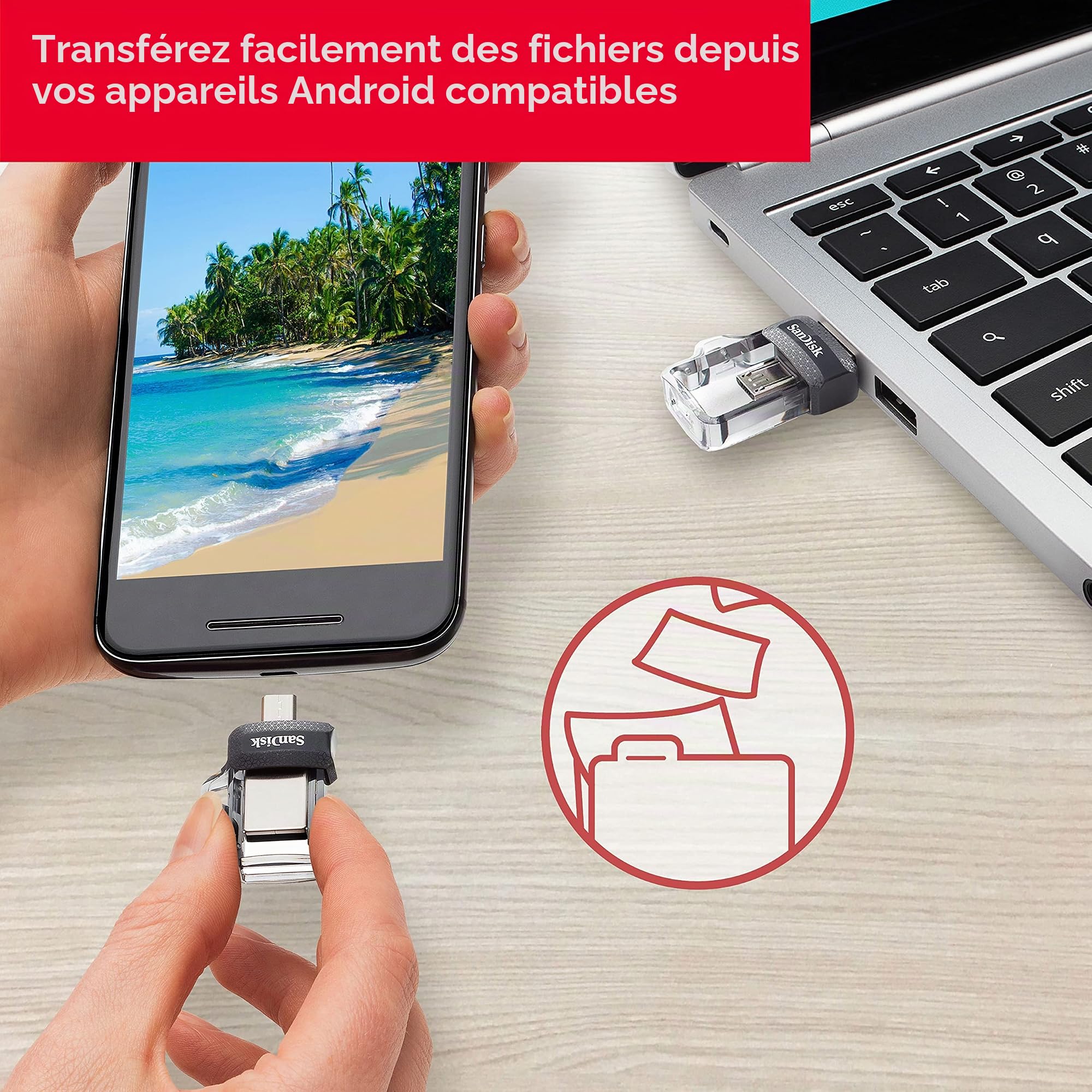 SanDisk Ultra 256 Go Dual Drive m3.0 Clé double connectique pour appareils mobiles jusqu'à 130 Mo/s
