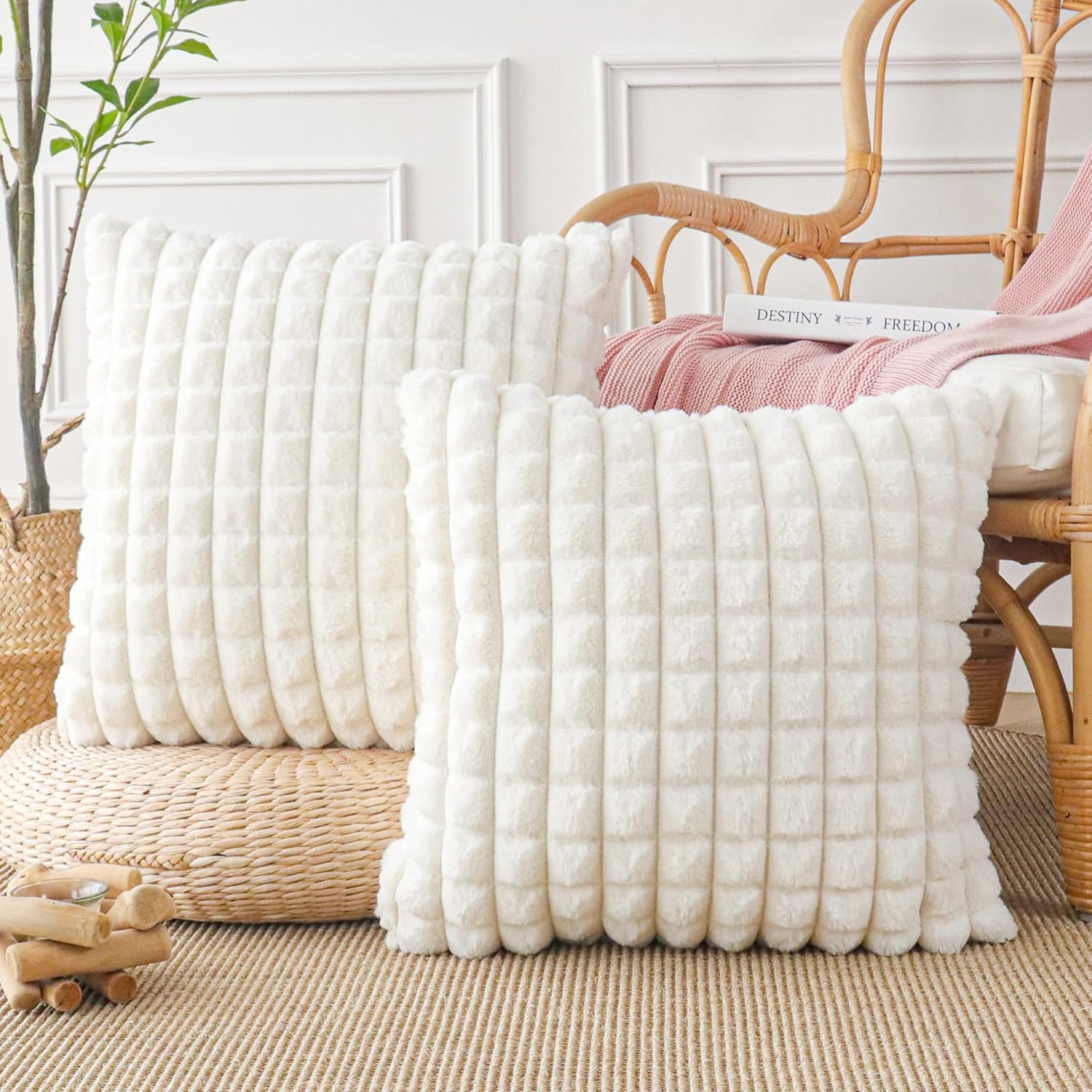 Jonhier Soft Faux Rabbit Fur Throw Pillow Covers, Luxury