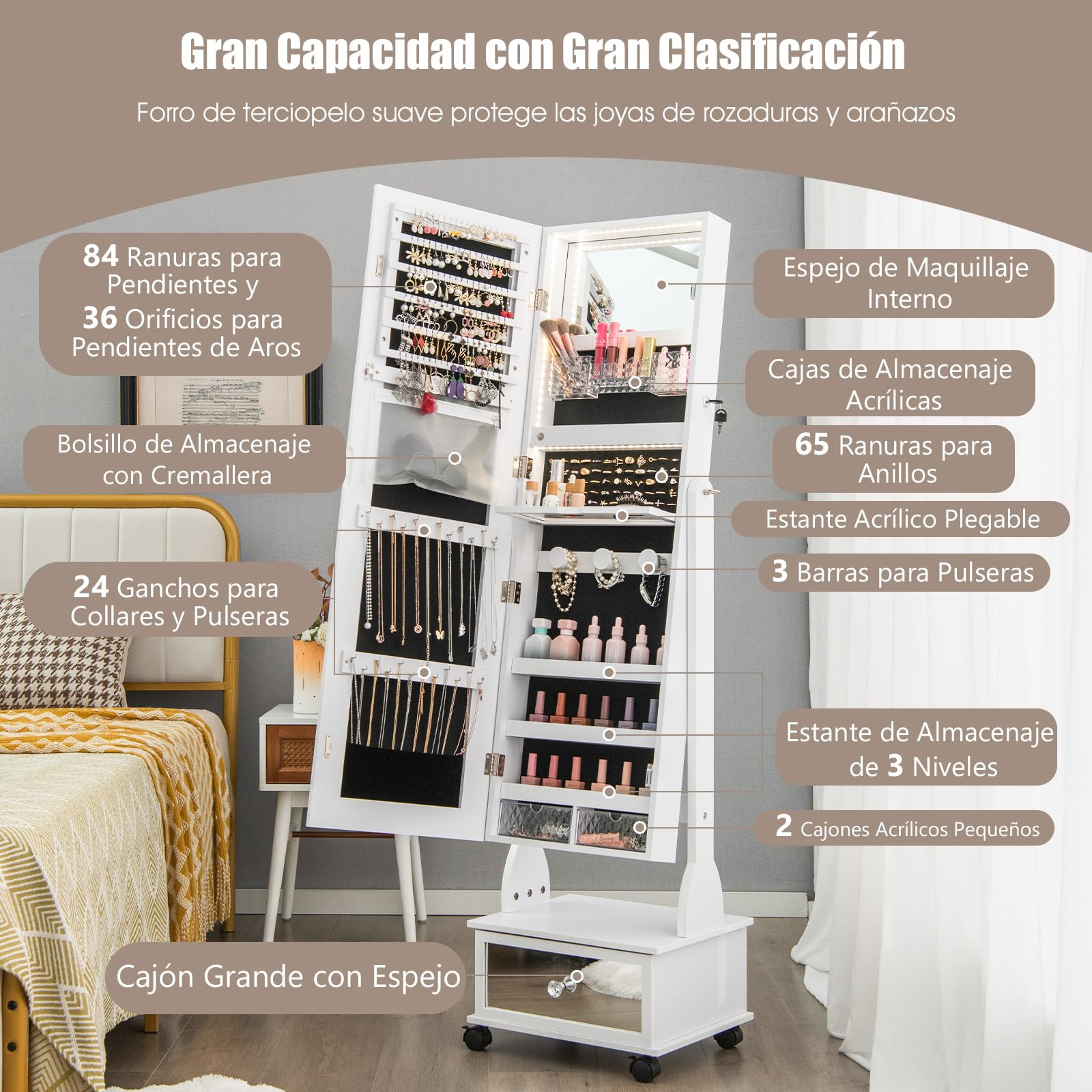 COSTWAY Armario para Joyas, Espejo Joyero de Pie Con Luces LED de 3 Colores, Espejo de Pie Cuerpo Entero con Cerradura, Cajón y 4 ruedas, Almacenamiento de Joyas Con Espejo de Maquillaje (Blanco)