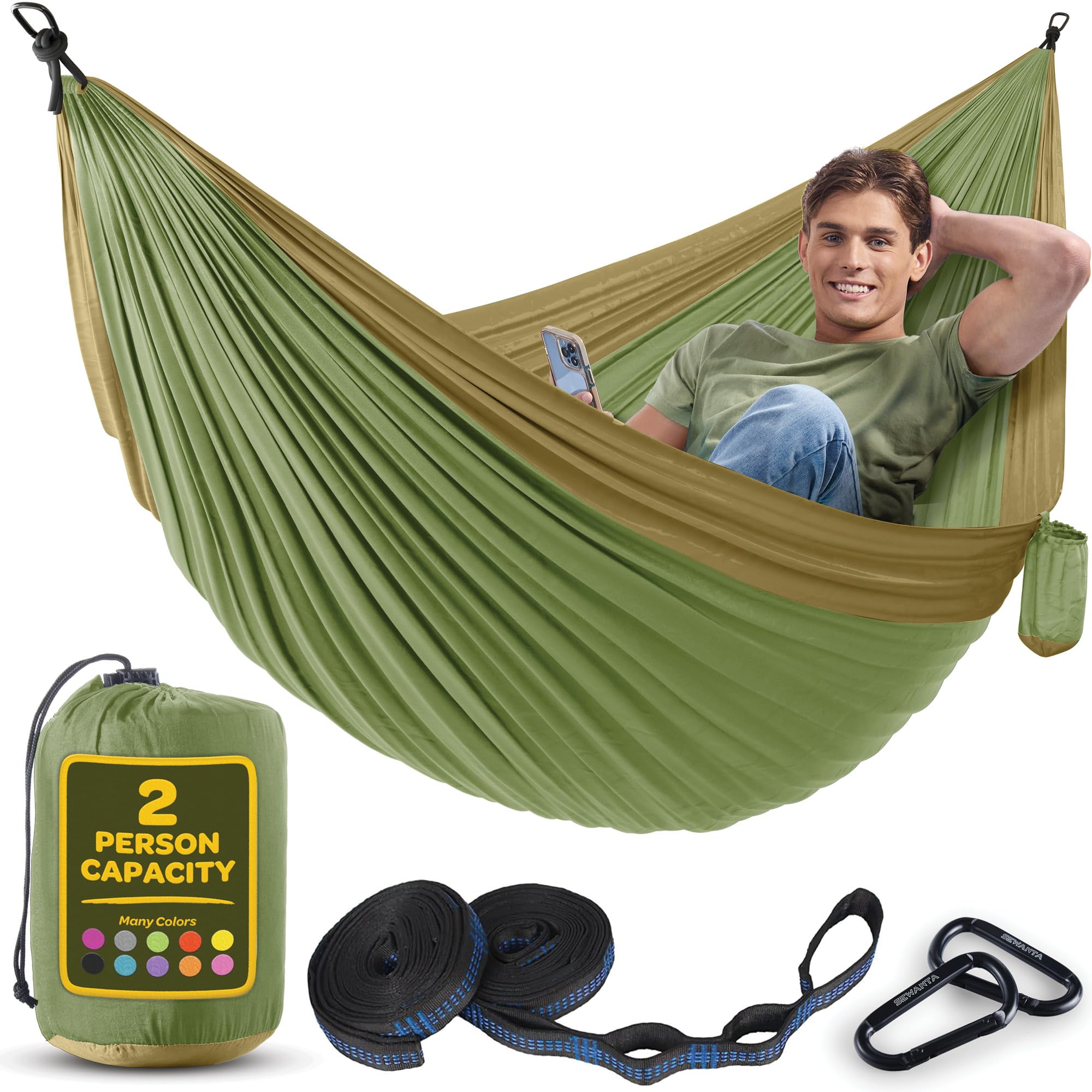 Durable Hammock 500 lb Capacity, Nylon Camping Hammock Chair - Double or Single Sizes w/Tree Straps and Attached Carry Bag - Portable for Travel/Backpacking/Beach/Backyard (Large, Khaki & Army Green)