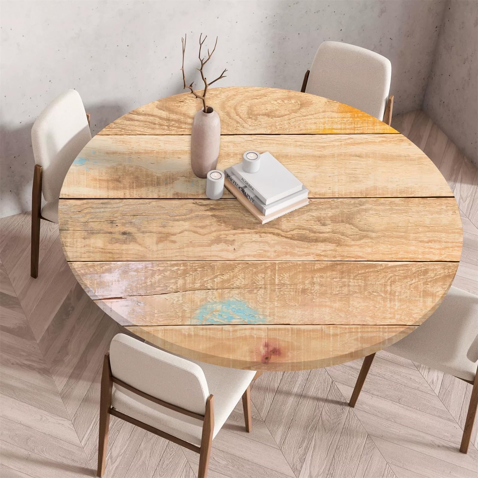 Tree Wipeable Table Cloth Round Tablecloth Protector, Woodgrain Effect Texture Elastic Edged Fitted Backed Splash-Proof Table Cover Washable for Dining Room Kitchen Picnic Party (Colorful,100cm) — image 1