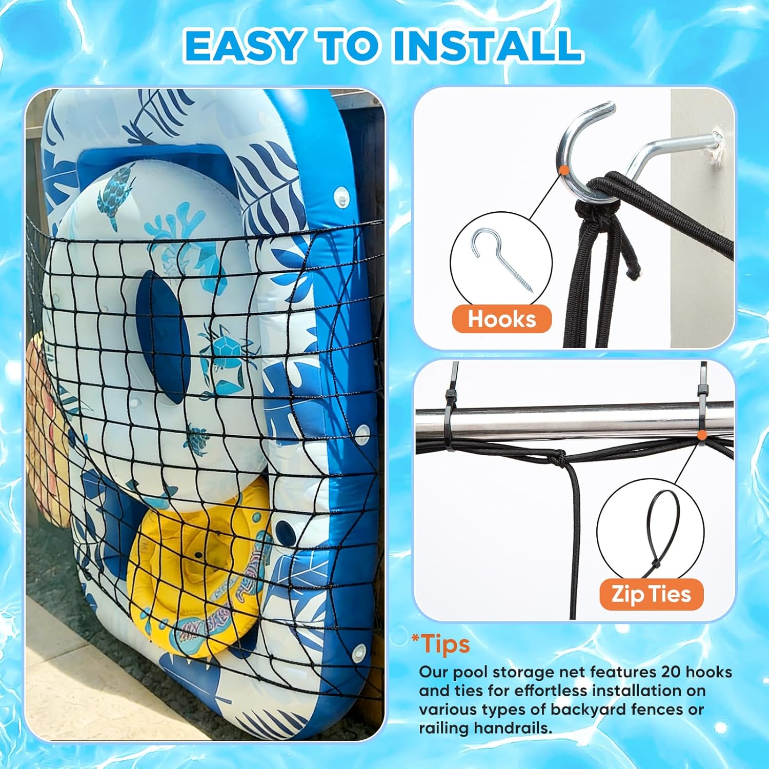 AURASUN 71" L x 47" W Pool Toy Float Storage Net for Fence - Elastic Net Outdoor Floats Holder Includes Hooks and Ties - for Inflatable Rafts, Pool Rings, Noodles, Balls