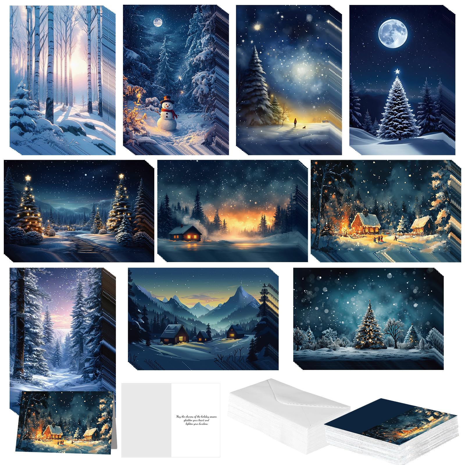 Motiskyy Lot de 100 cartes de Noël avec enveloppes et autocollants, assortiment de cartes de vœux en vrac pour Noël, Nouvel An, 10 motifs, 15,2 x 10,2 cm (forêt hivernale)