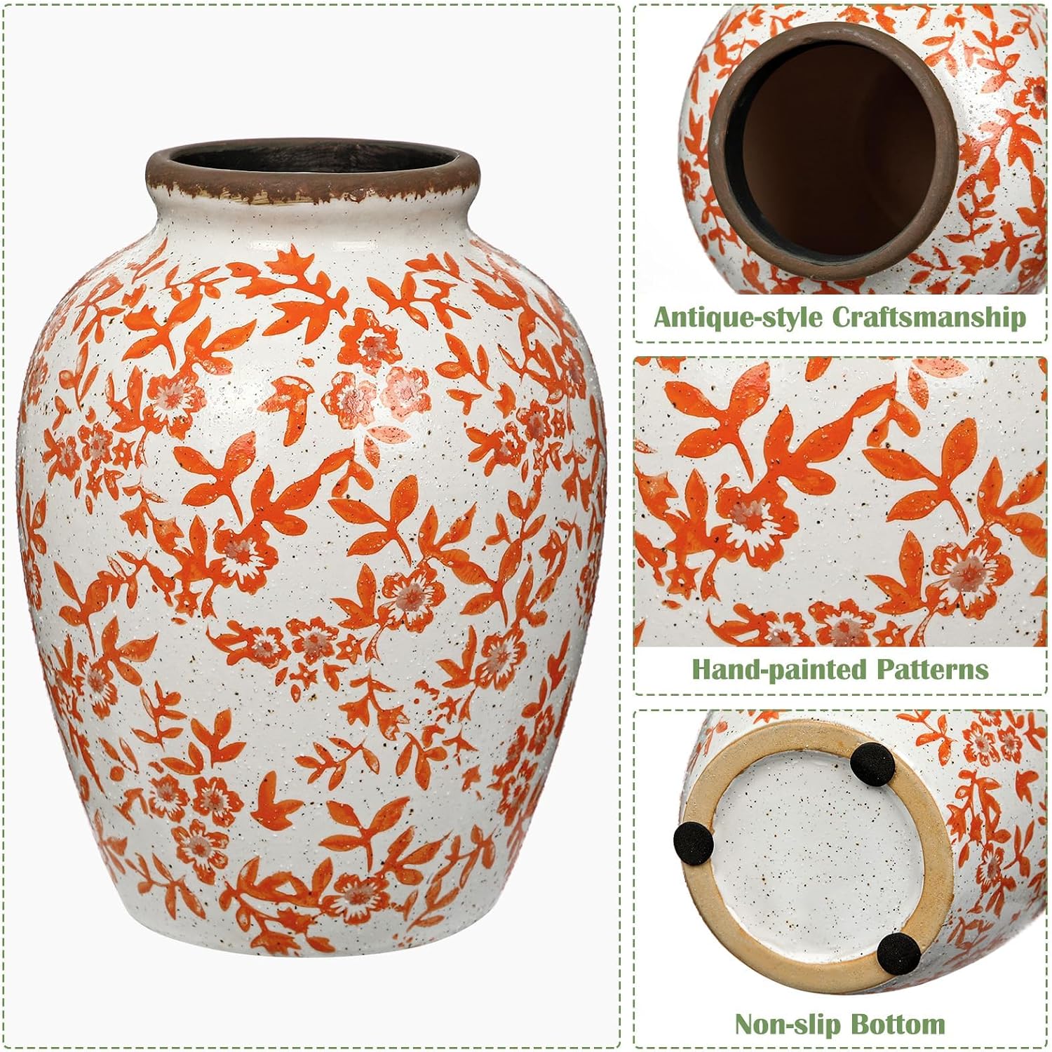 8.2 inch Vintage Ceramic Vase, Rustic Farmhouse Floral Vase, Ceramic Large Chinoiserie Vases for Spring Home Decor Living Room Bookshelf Office Desk Dining Table (Orange & Beige)