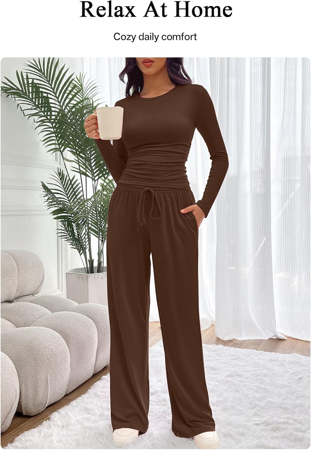 Women's 2-Piece Lounge Set - Long Sleeve Top and Wide-Leg Pants - Drawstring Waist Pajama Set, Pockets, for Lounging - Image 6