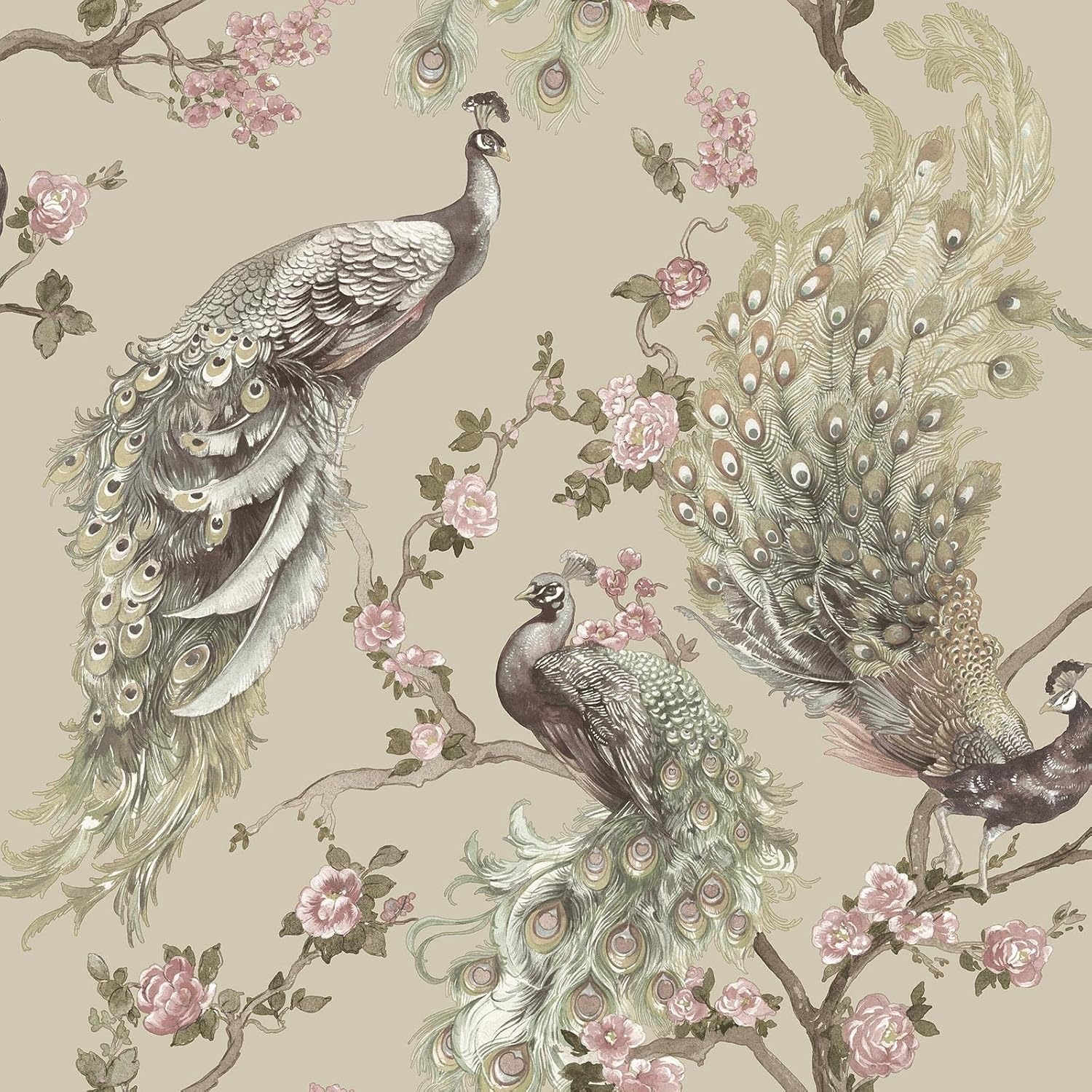 Holden Menali Peacock Floral Trail Glitter Vibrant Animal Printed Textured Wallpaper Beige Natural Cream 36271